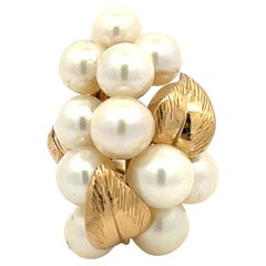 Vintage Mings Large Akoya Pearl and Leaf Ring in 14k Yellow Gold