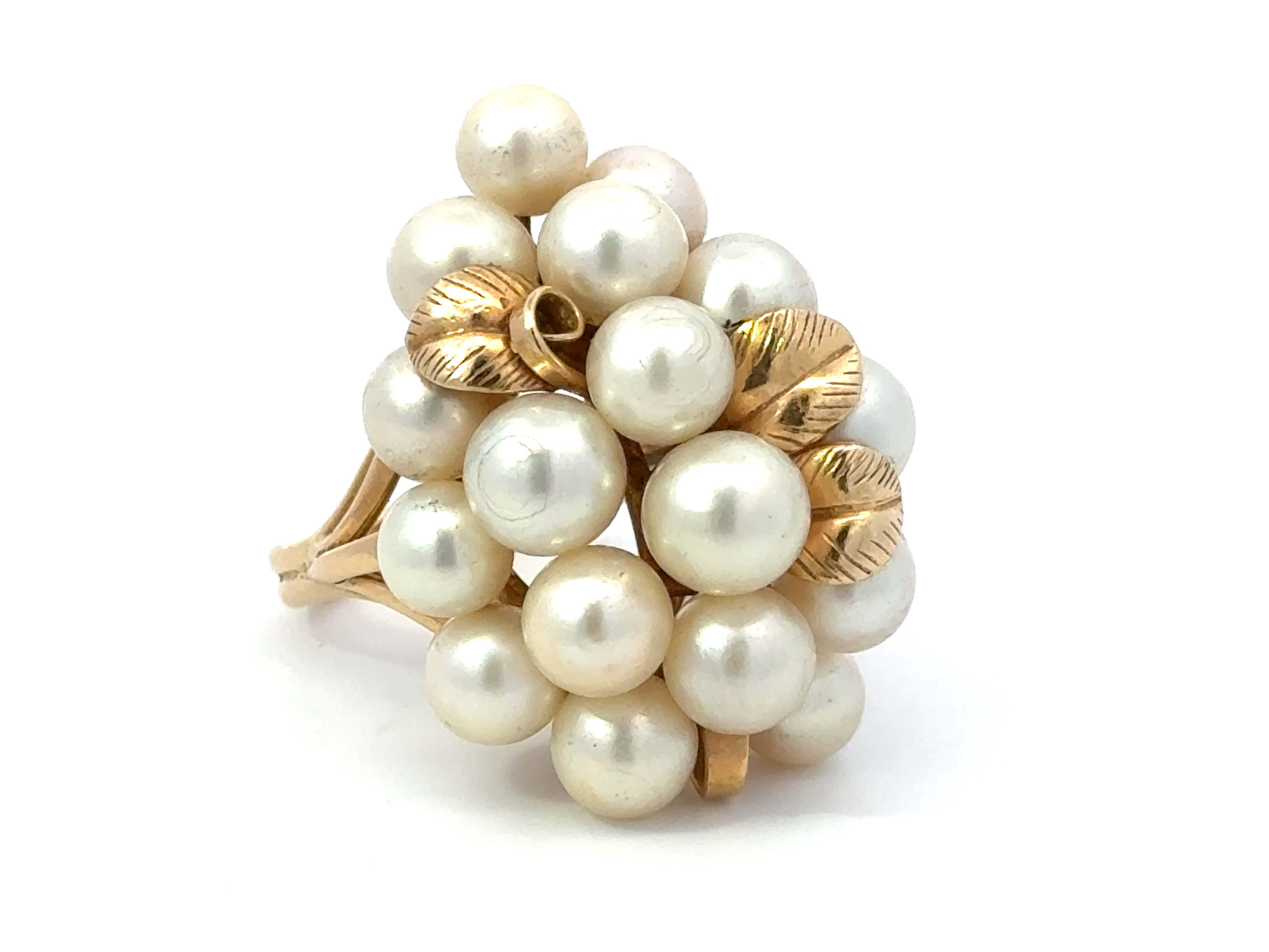 Modern Mings Large Akoya Pearl Leaf Ring 14k Yellow Gold For Sale
