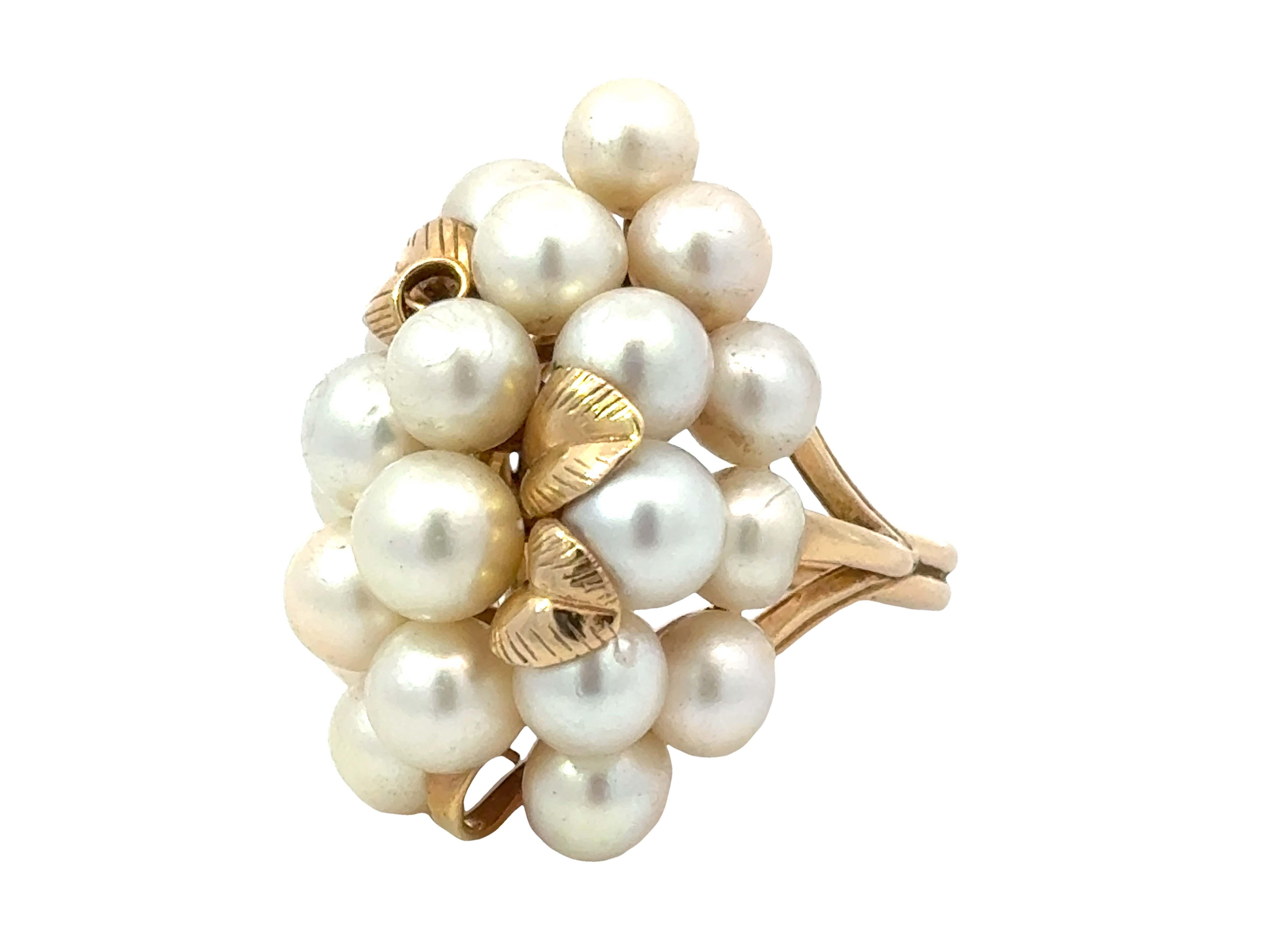 Round Cut Mings Large Akoya Pearl Leaf Ring 14k Yellow Gold For Sale