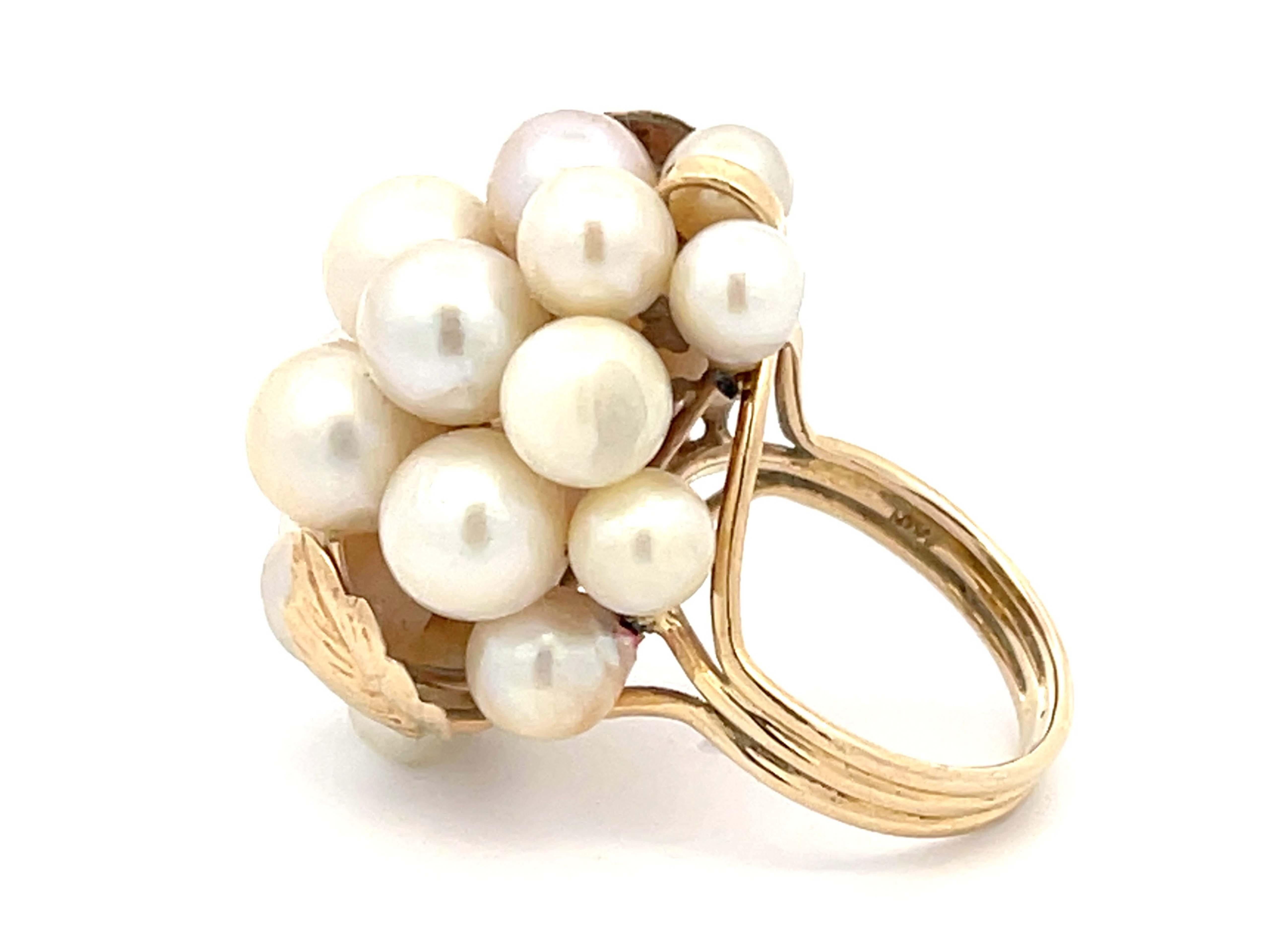 Round Cut Mings Large Akoya Pearl Leaf Ring in 14k Yellow Gold For Sale