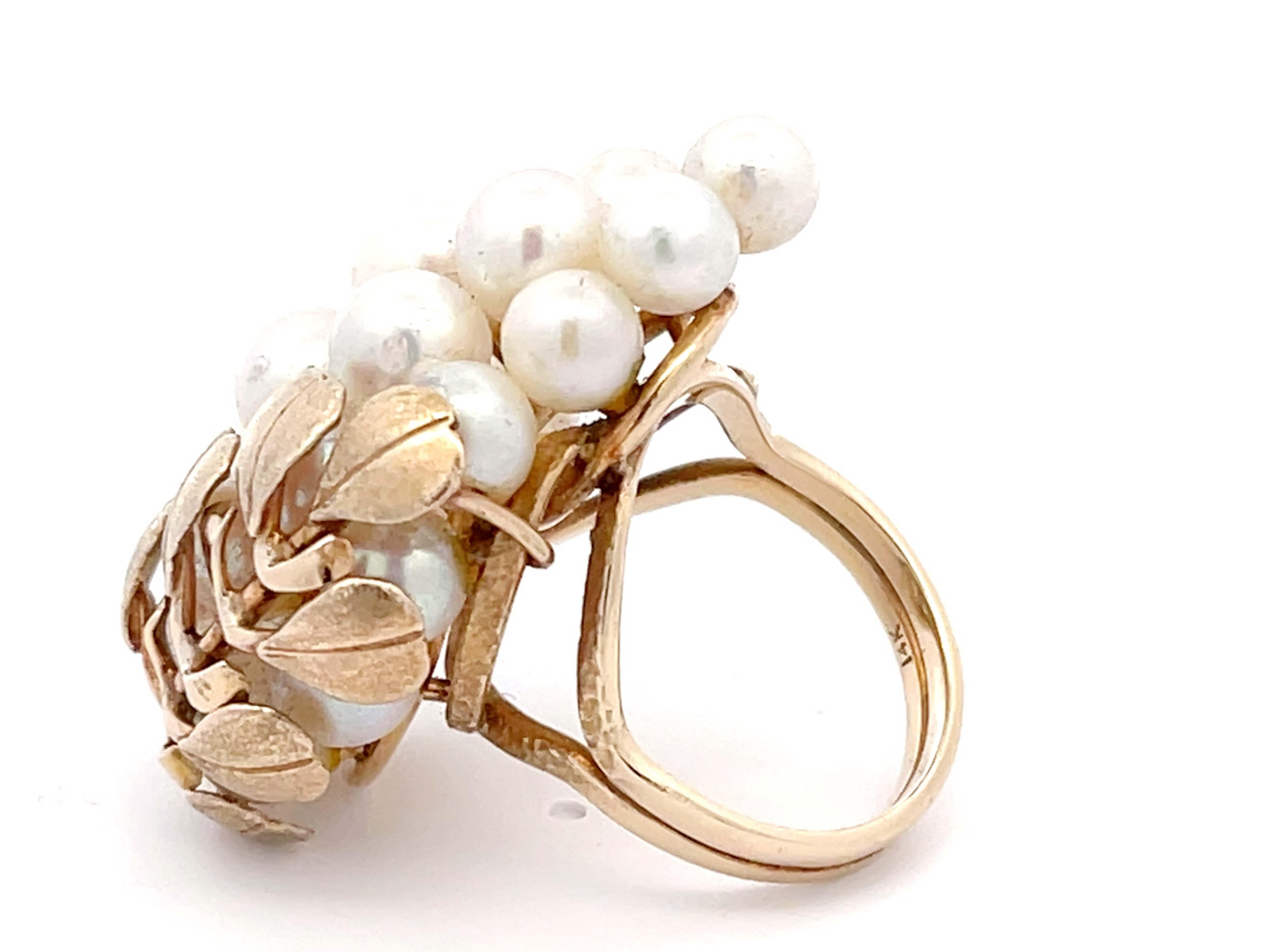 Round Cut Mings Large Akoya Pearl Leaf Ring in 14k Yellow Gold For Sale