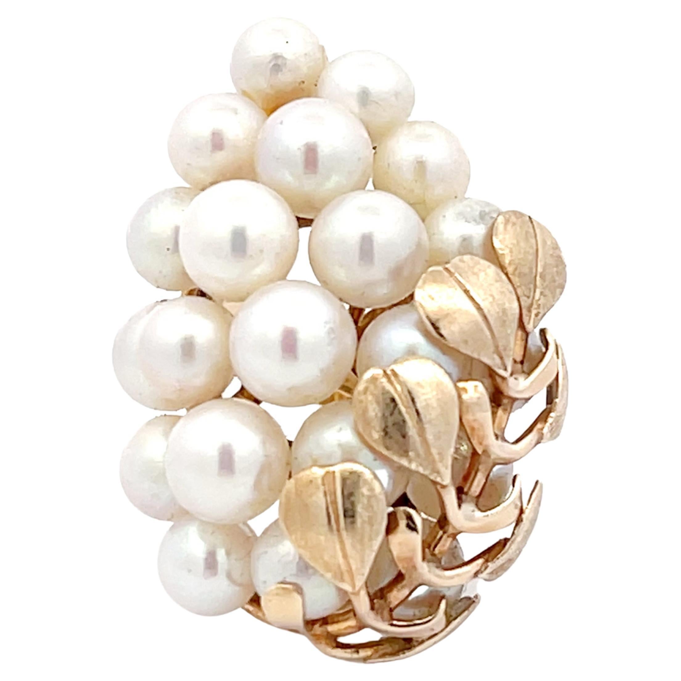 Mings Large Akoya Pearl Leaf Ring in 14k Yellow Gold For Sale