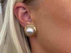 Mings Large Mabe Pearl Gold Carved Bezel Earrings in 14k Yellow Gold