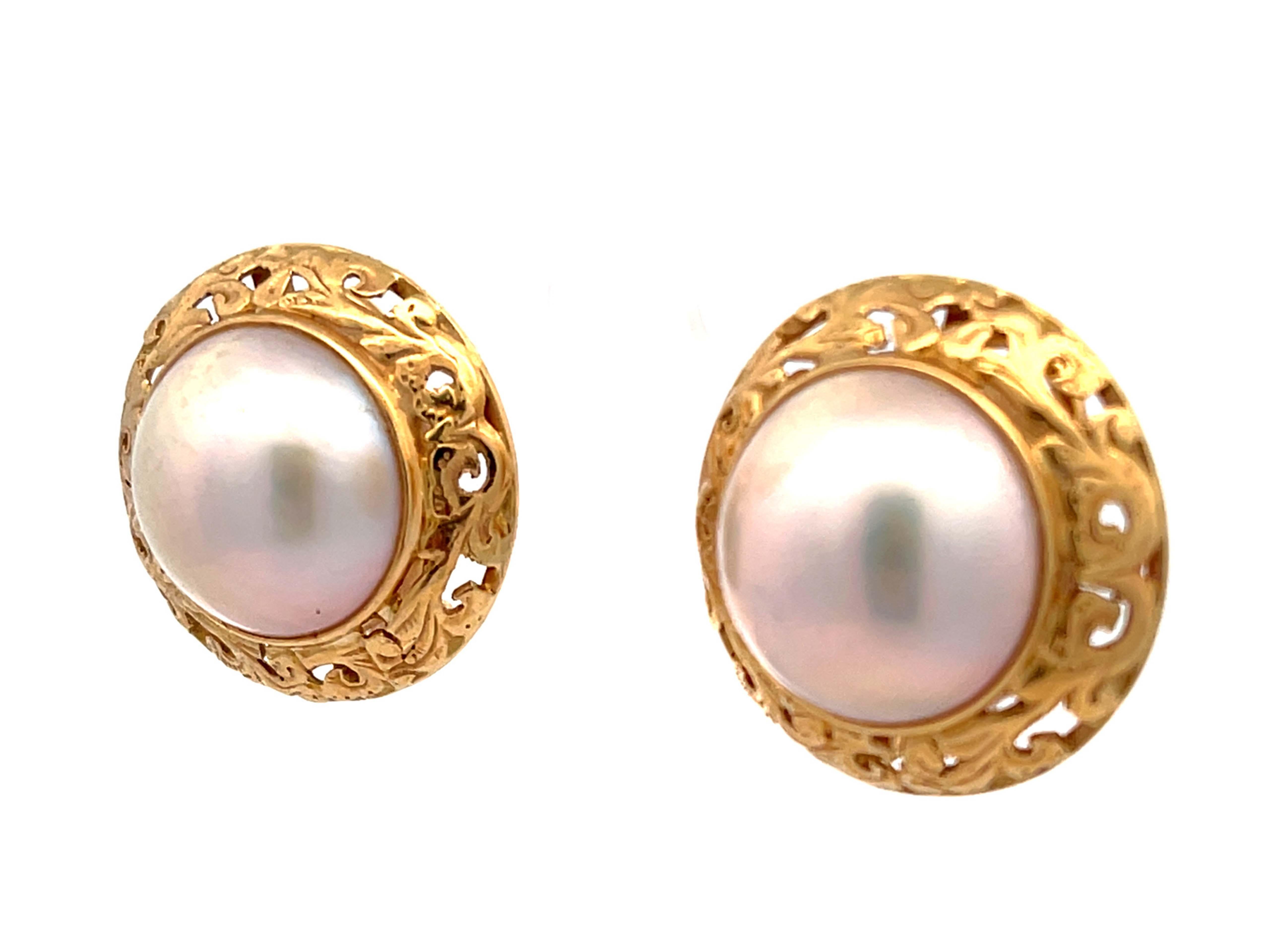 Modern Mings Large Mabe Pearl Gold Carved Bezel Earrings in 14k Yellow Gold For Sale