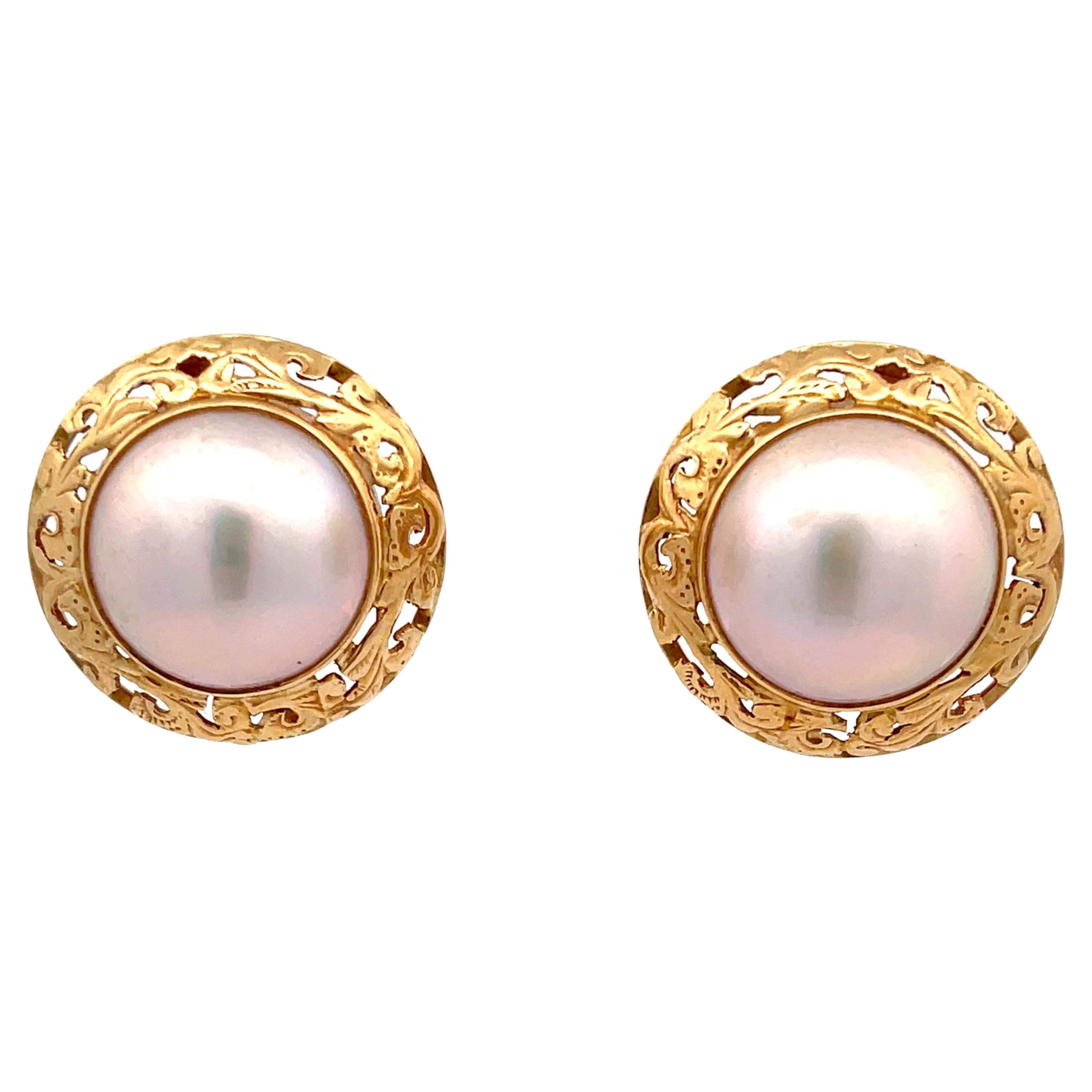 Mings Large Mabe Pearl Gold Carved Bezel Earrings in 14k Yellow Gold For Sale