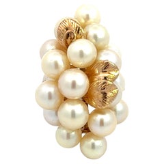 Mings Large Marquise Shaped Akoya Pearl Cluster Leaf Ring 14k Yellow Gold