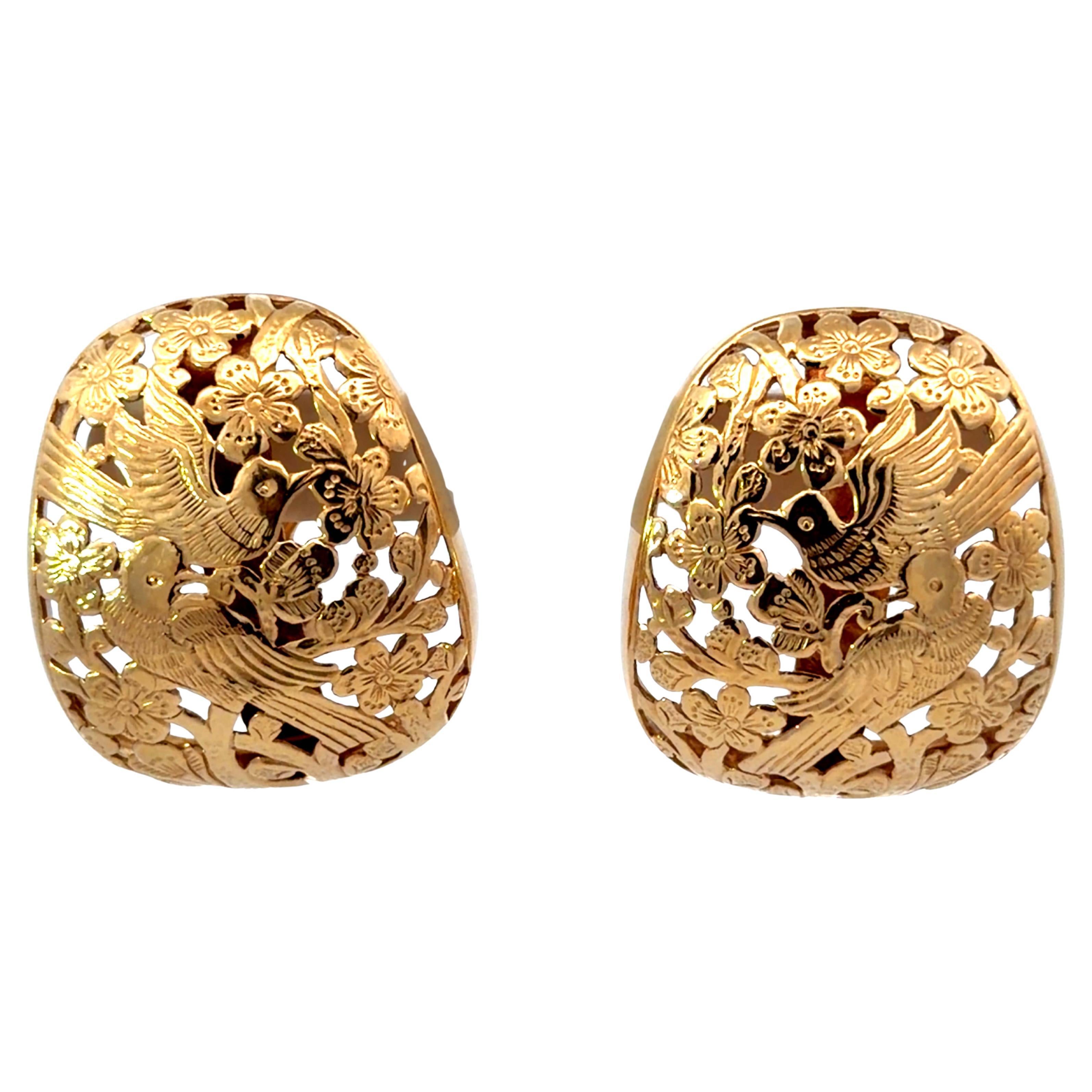 Ming's Large Rare Double Bird on a Plum Omega Back Earrings 14K Yellow Gold