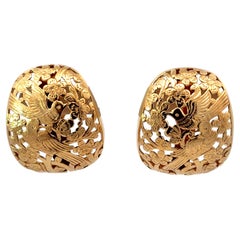 Ming's Large Rare Double Bird on a Plum Omega Back Earrings 14K Yellow Gold