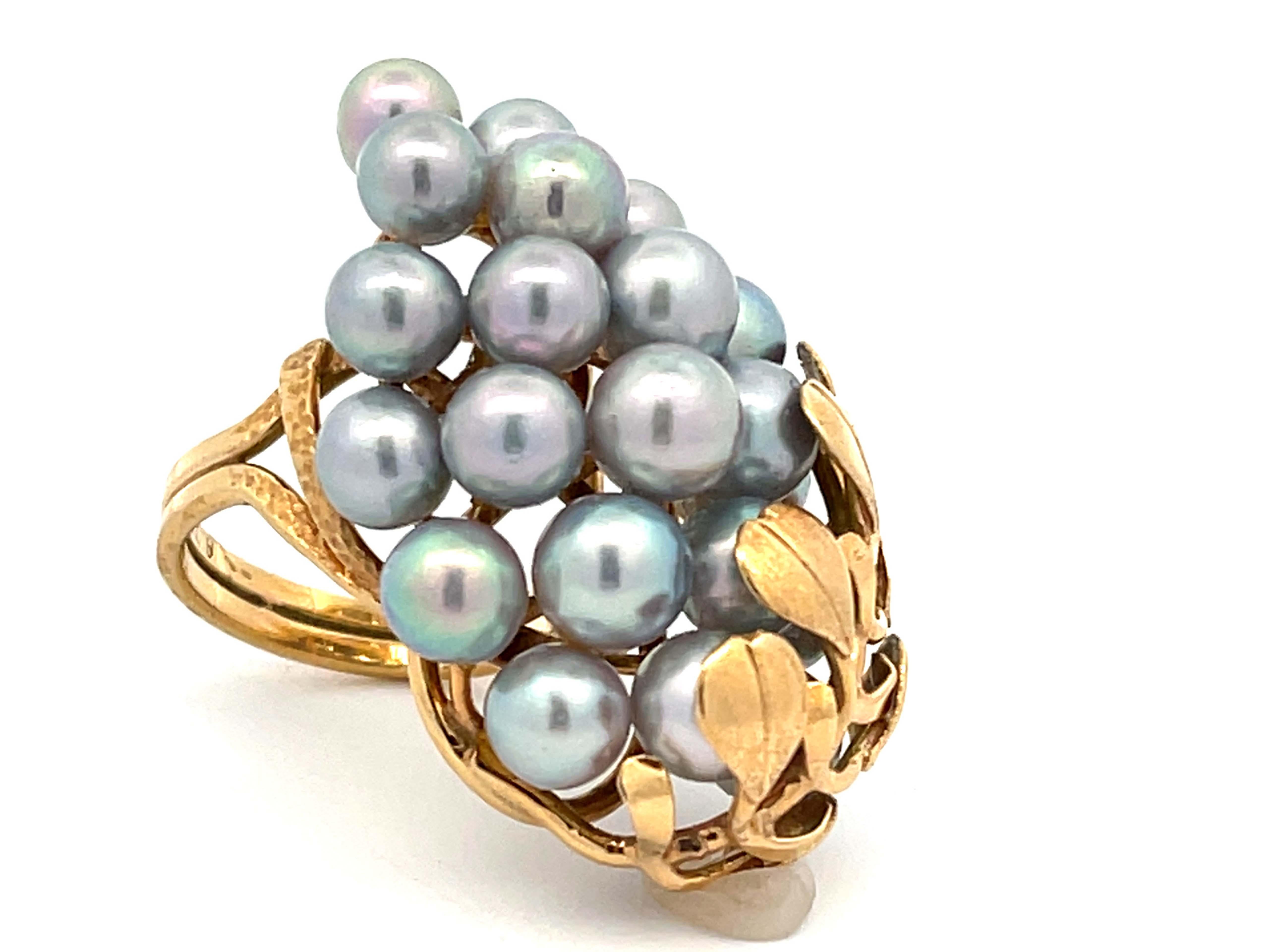 Modern Mings Large Silver Pearl and Leaf Ring in 14k Yellow Gold For Sale