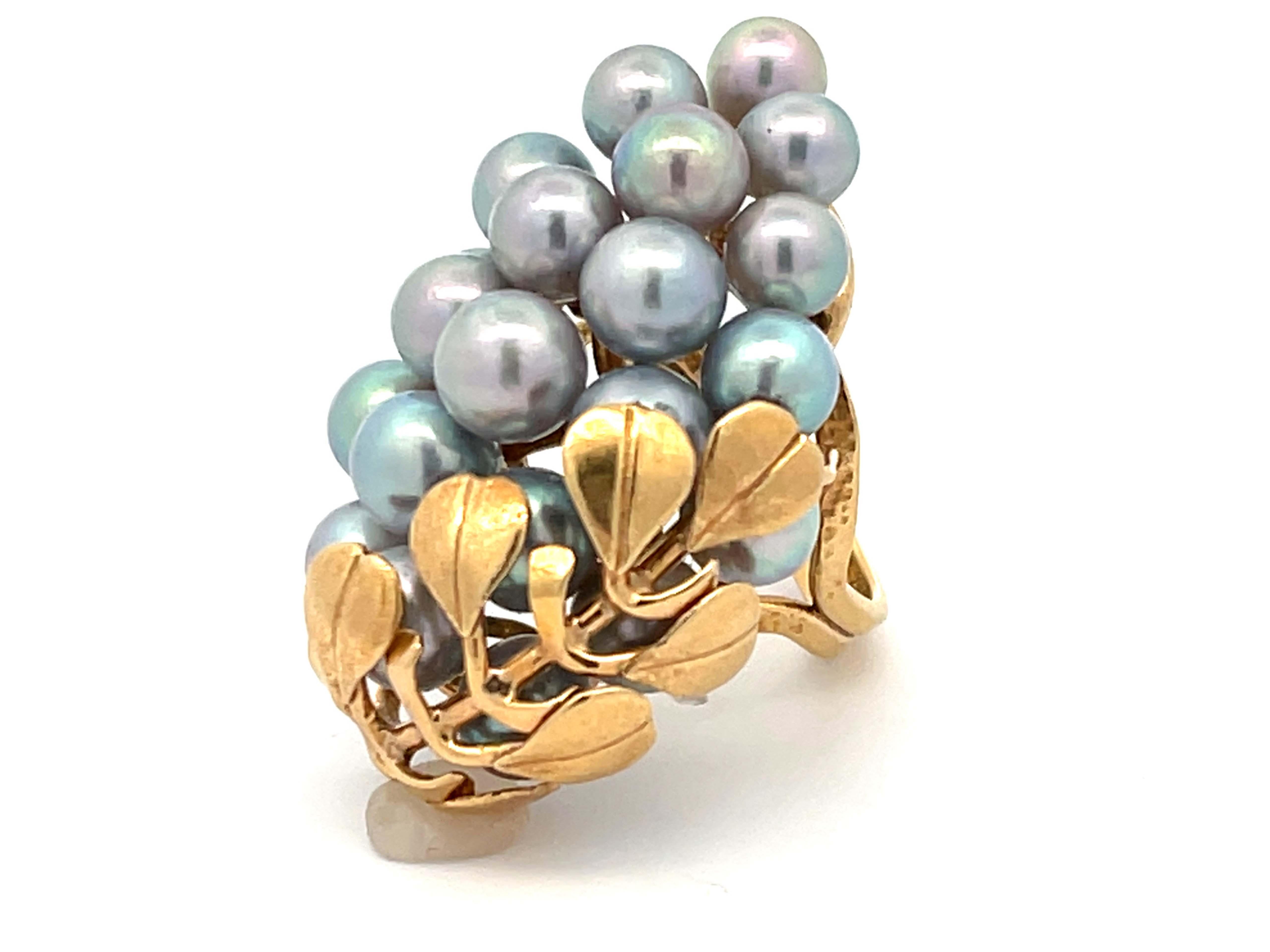 Round Cut Mings Large Silver Pearl and Leaf Ring in 14k Yellow Gold For Sale
