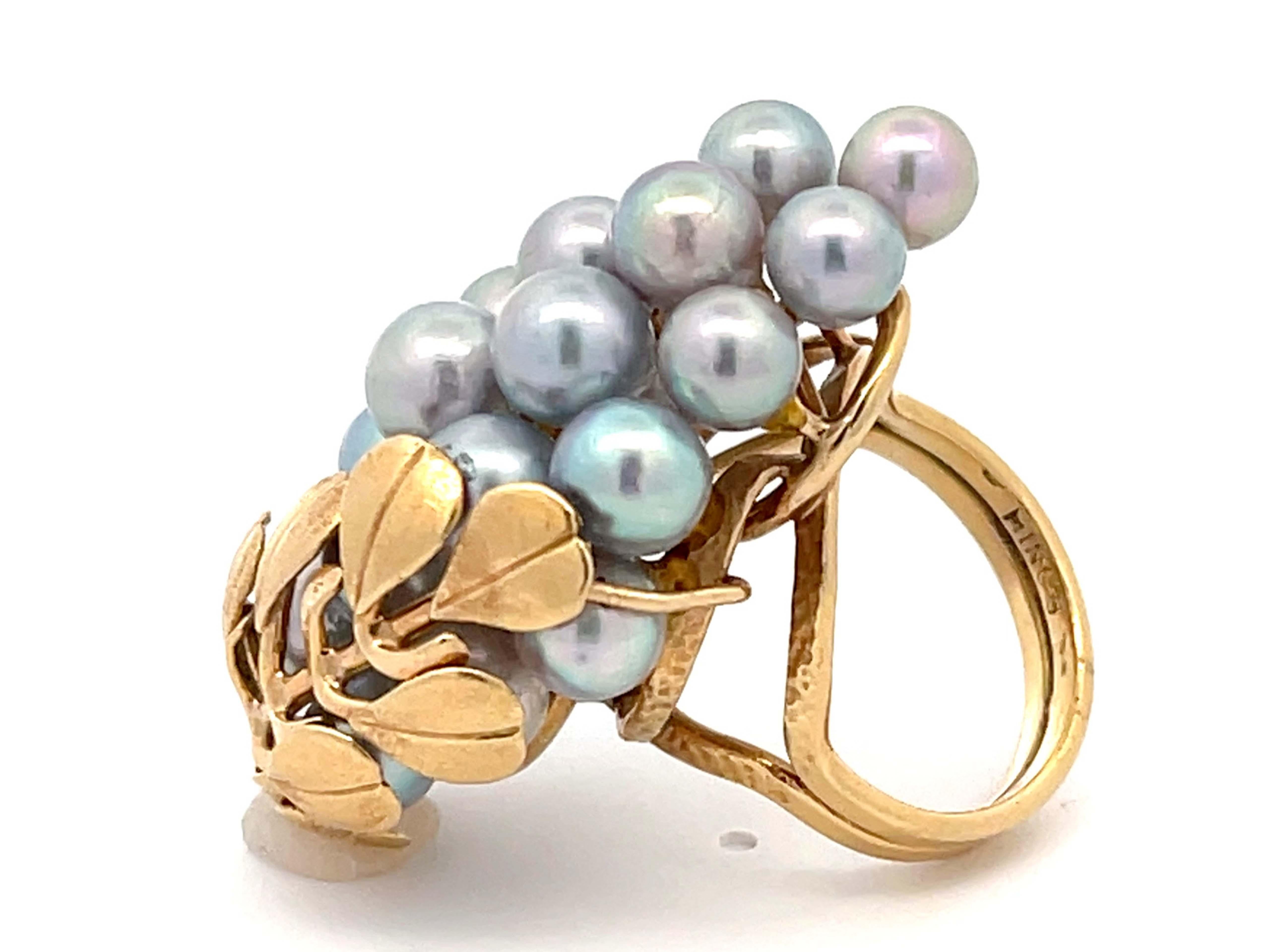 Women's Mings Large Silver Pearl and Leaf Ring in 14k Yellow Gold For Sale