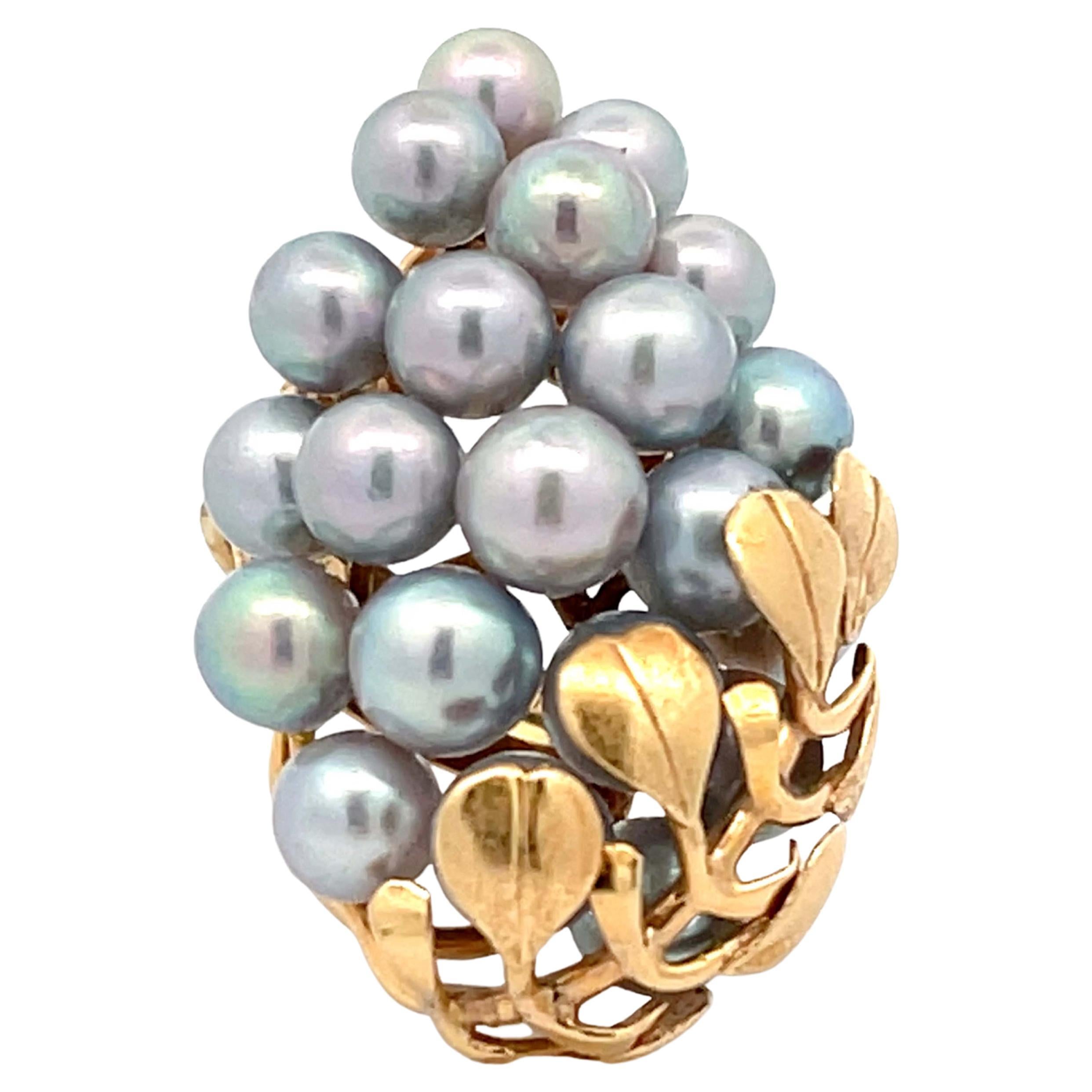 Mings Large Silver Pearl and Leaf Ring in 14k Yellow Gold For Sale