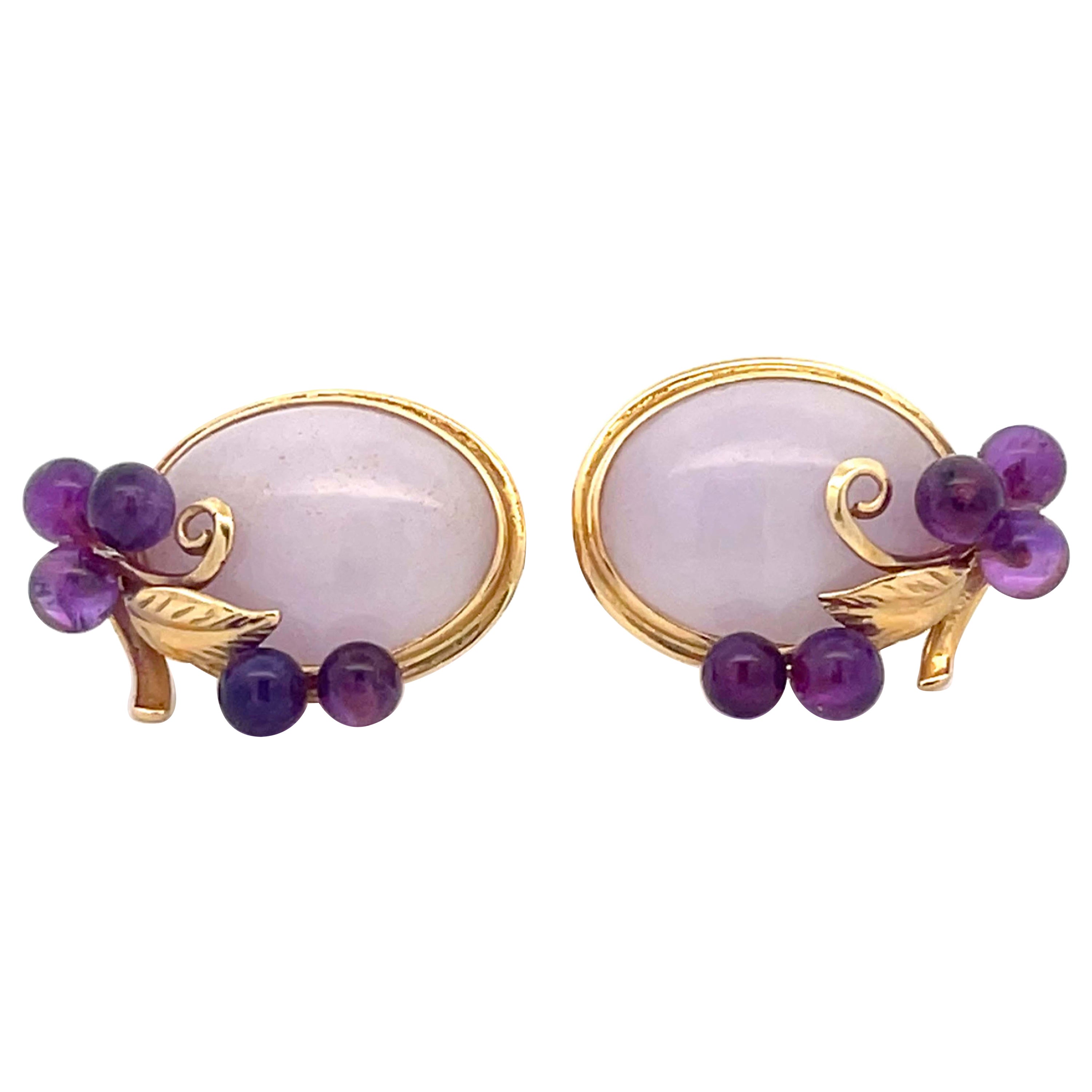 Pendientes Mings de jade lavanda y amatista púrpura en oro amarillo de 14k