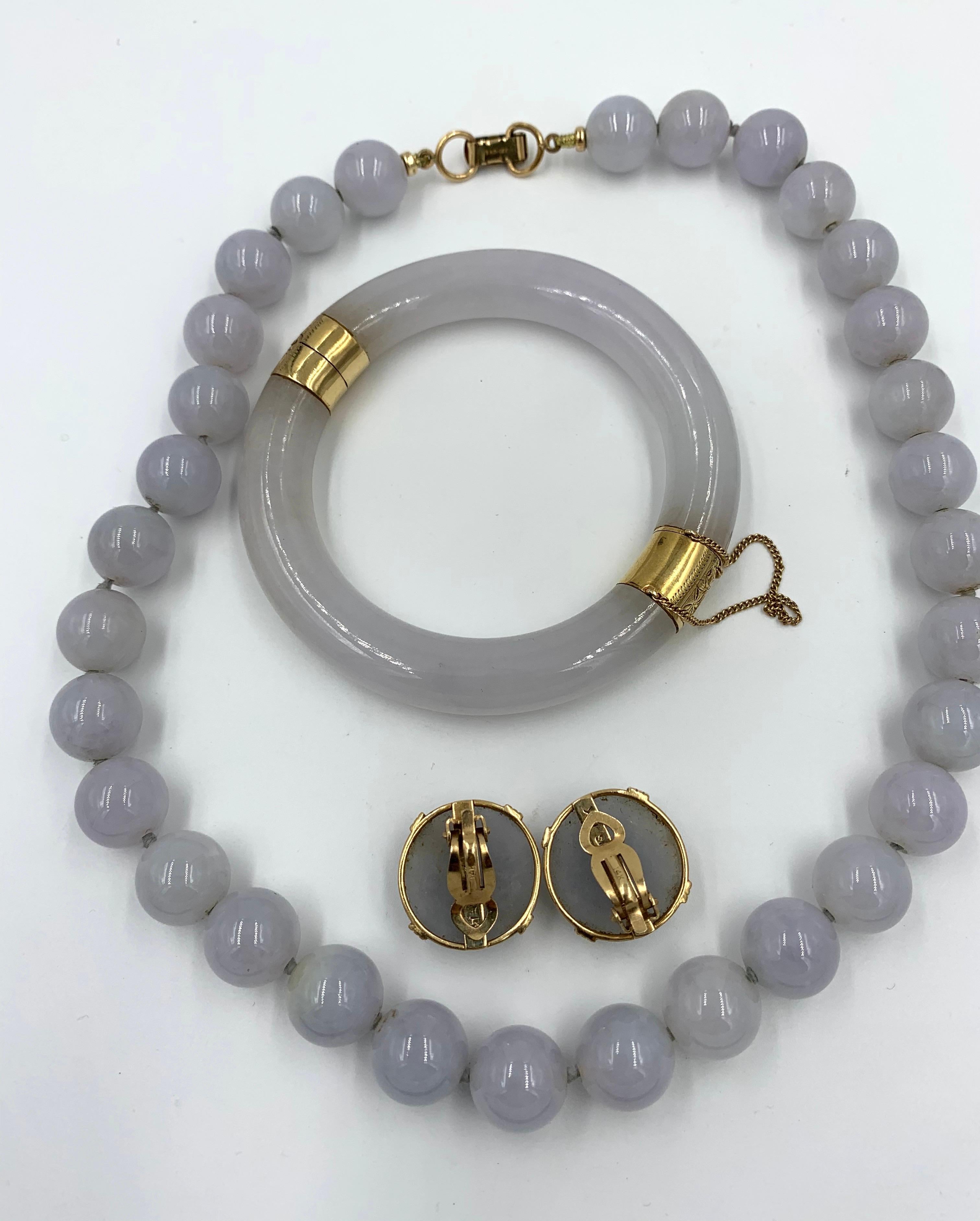 Mings Lavender Jade Earrings Bangle Bracelet Necklace 14 Karat Gold Suite Parure 2