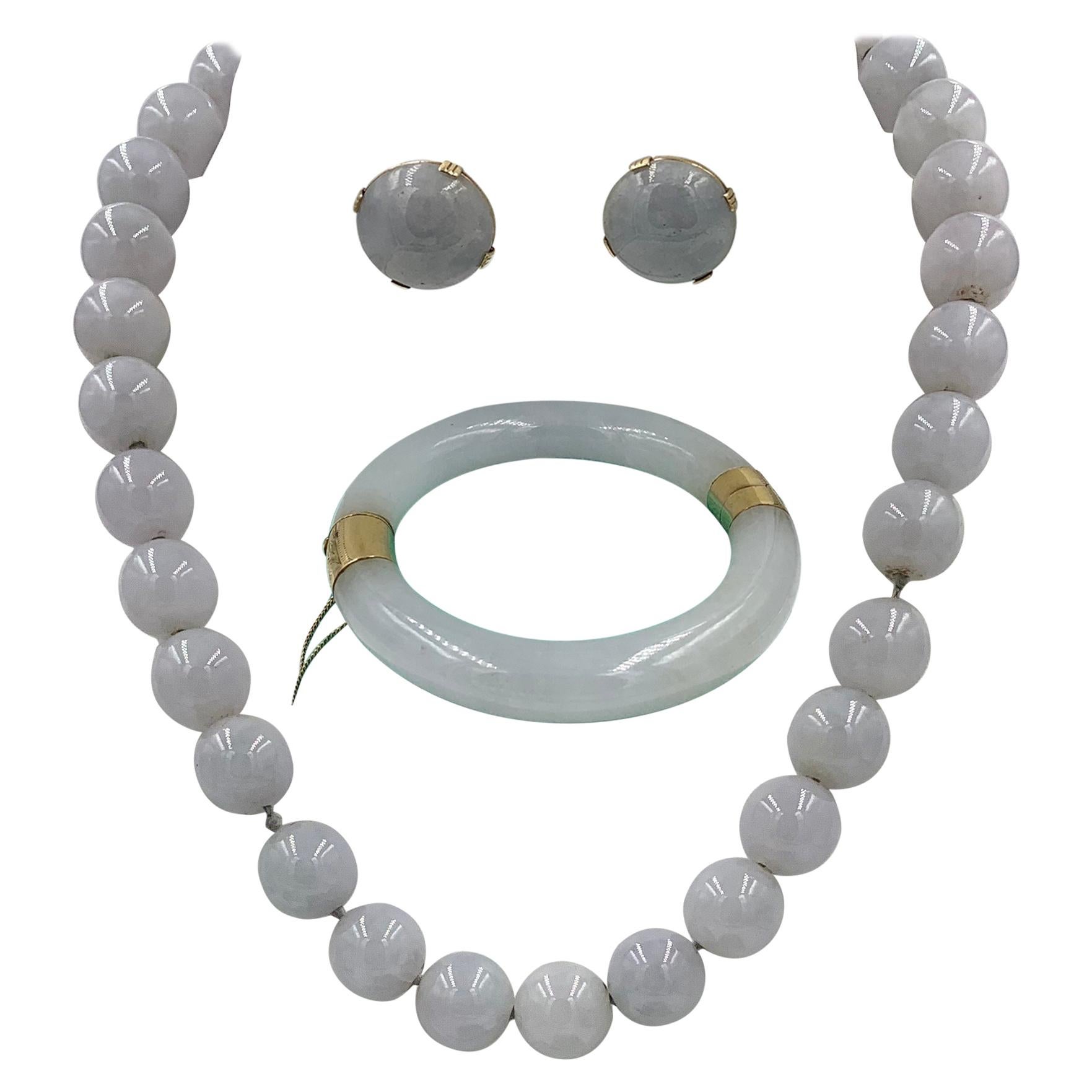 Mings Lavender Jade Earrings Bangle Bracelet Necklace 14 Karat Gold Suite Parure
