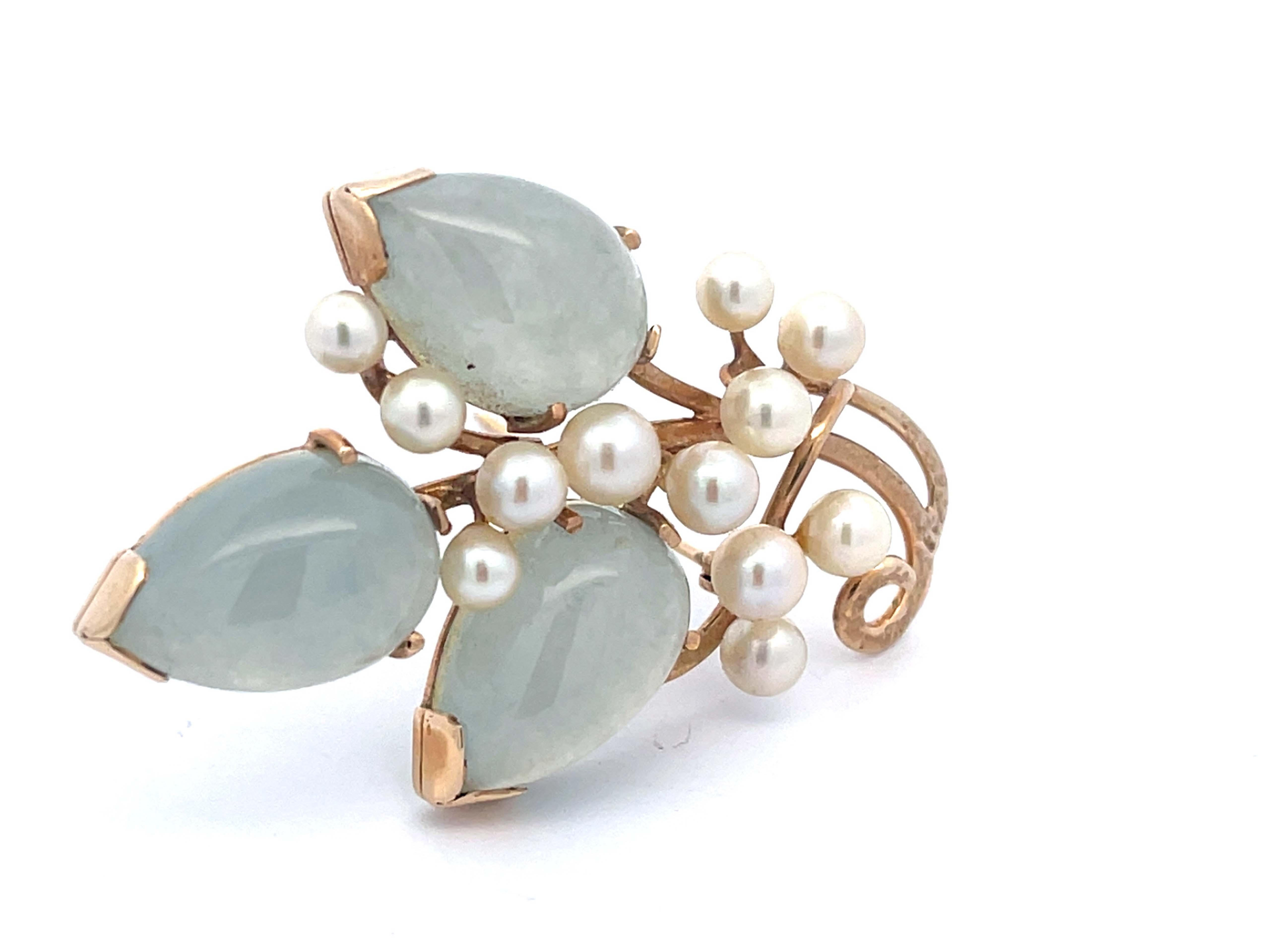 Modern Mings Light Jade Leaf and Pearl Branch Brooch in 14k Yellow Gold For Sale