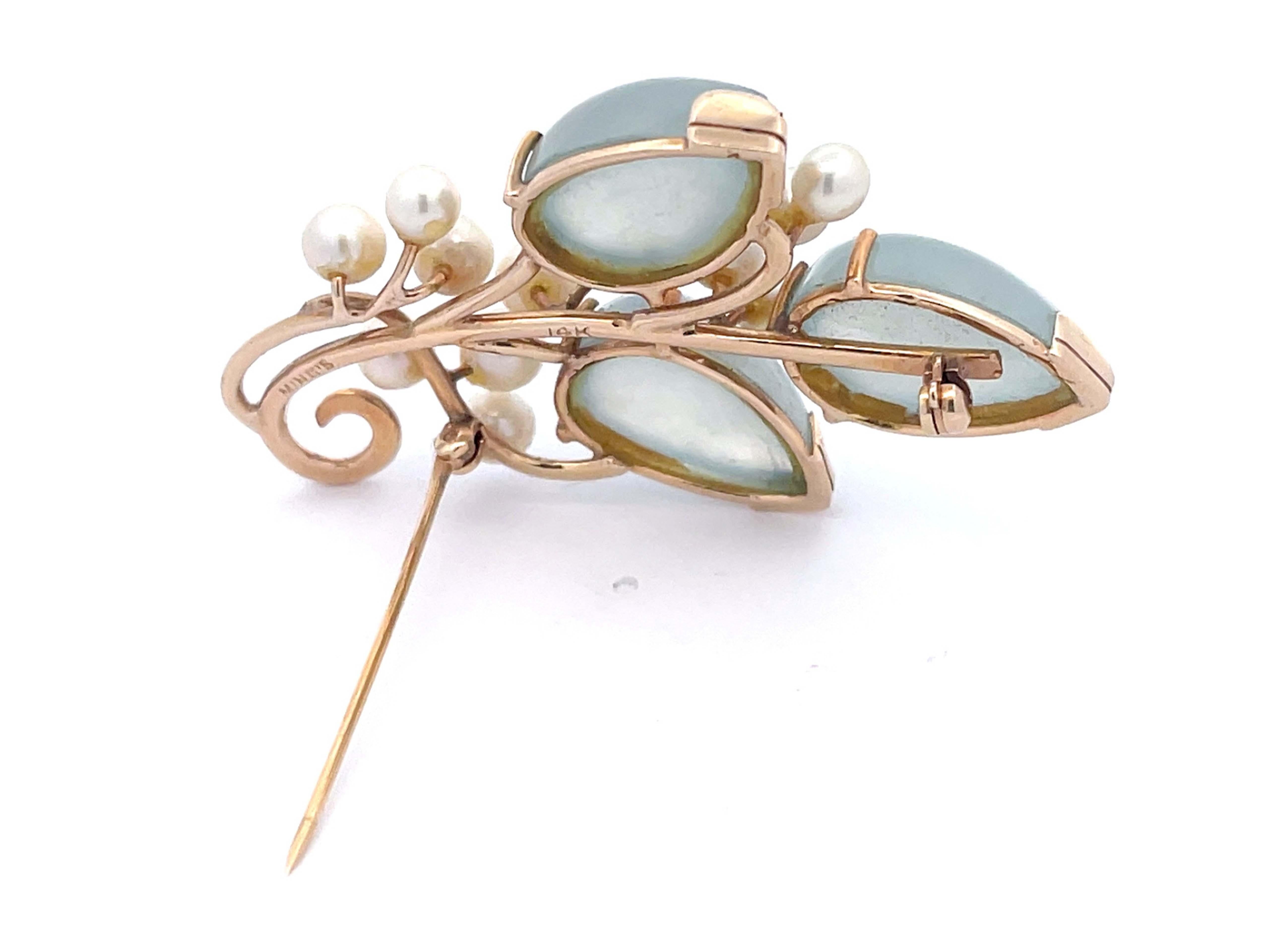 Mings Light Jade Leaf and Pearl Branch Brooch in 14k Yellow Gold For Sale 1