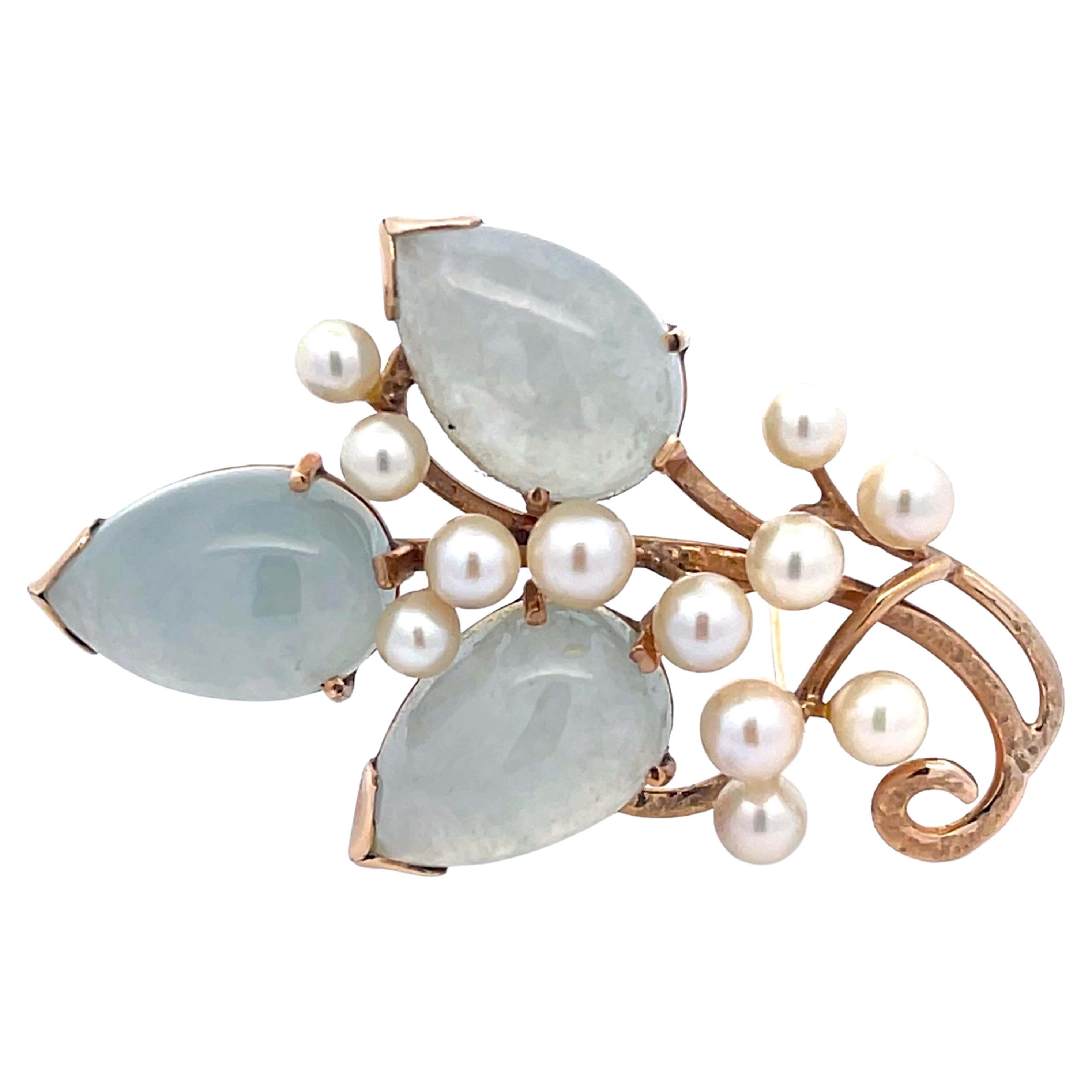 Mings Light Jade Leaf and Pearl Branch Brooch in 14k Yellow Gold For Sale