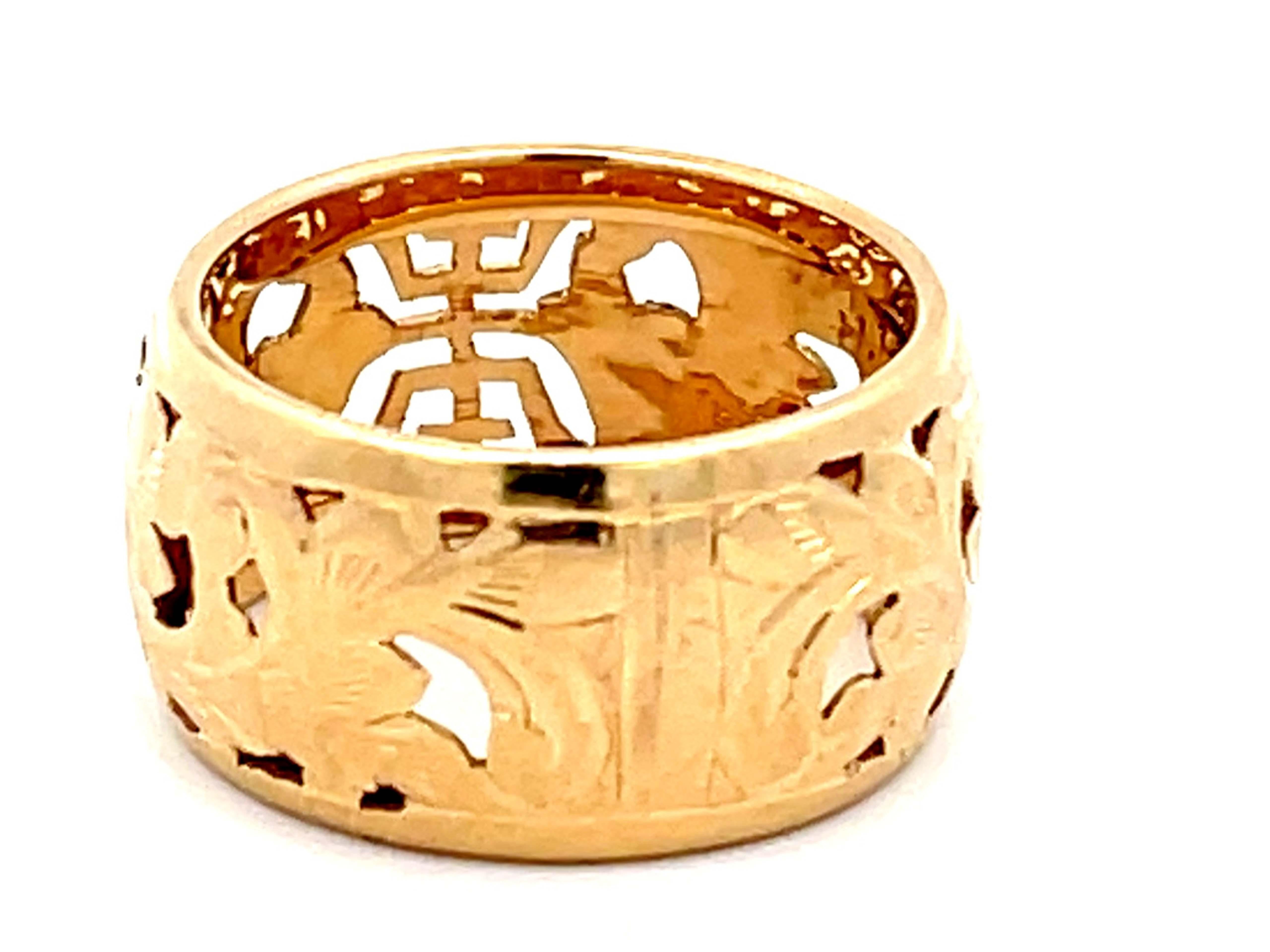 Women's Mings Longevity Cutout Band Ring in 14k Yellow Gold For Sale
