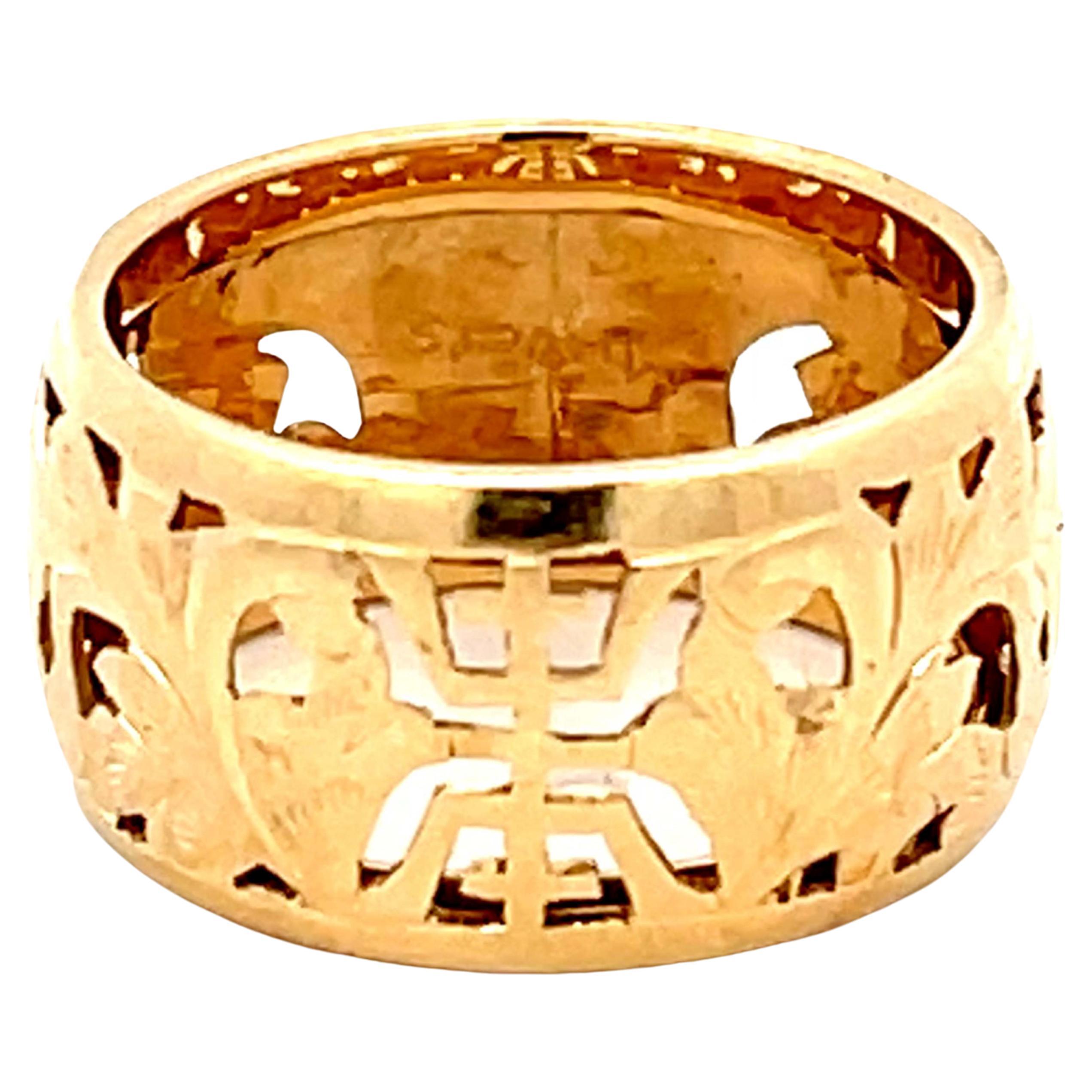 Mings Longevity Cutout Band Ring in 14k Yellow Gold For Sale