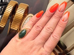 Mings Marquise Cabochon Deep Green Jade Ring 14k Yellow Gold