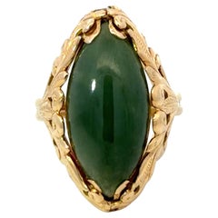 Mings Marquise Cabochon Deep Green Jade Ring 14k Yellow Gold
