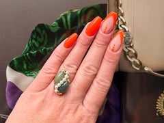 Mings Marquise Cabochon Double Jade and Akoya Pearl Ring 14k Yellow Gold