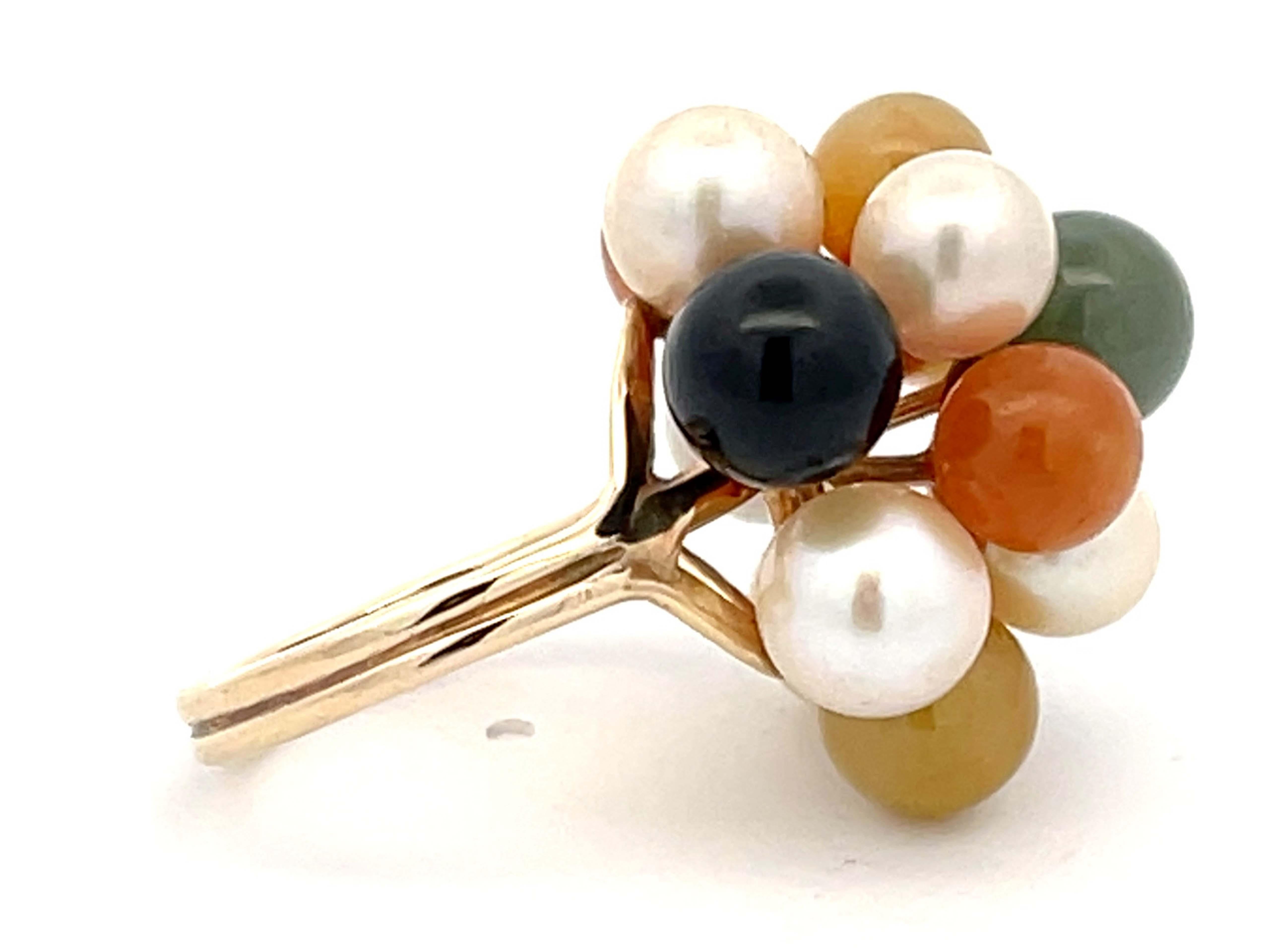 Modern Mings Multi Colored Jade and Pearl Cluster Ring in 14k Yellow Gold