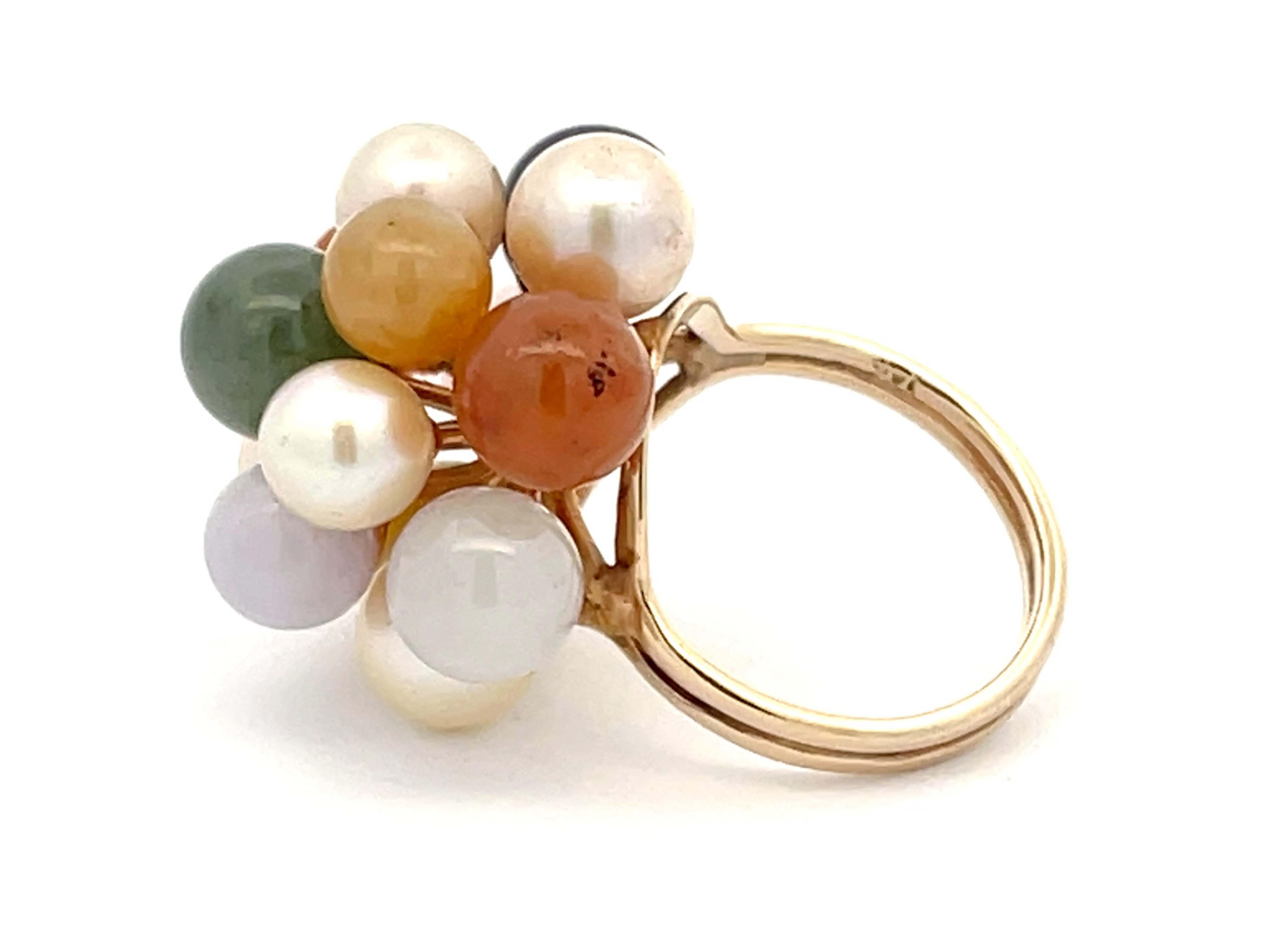 Round Cut Mings Multi Colored Jade and Pearl Cluster Ring in 14k Yellow Gold