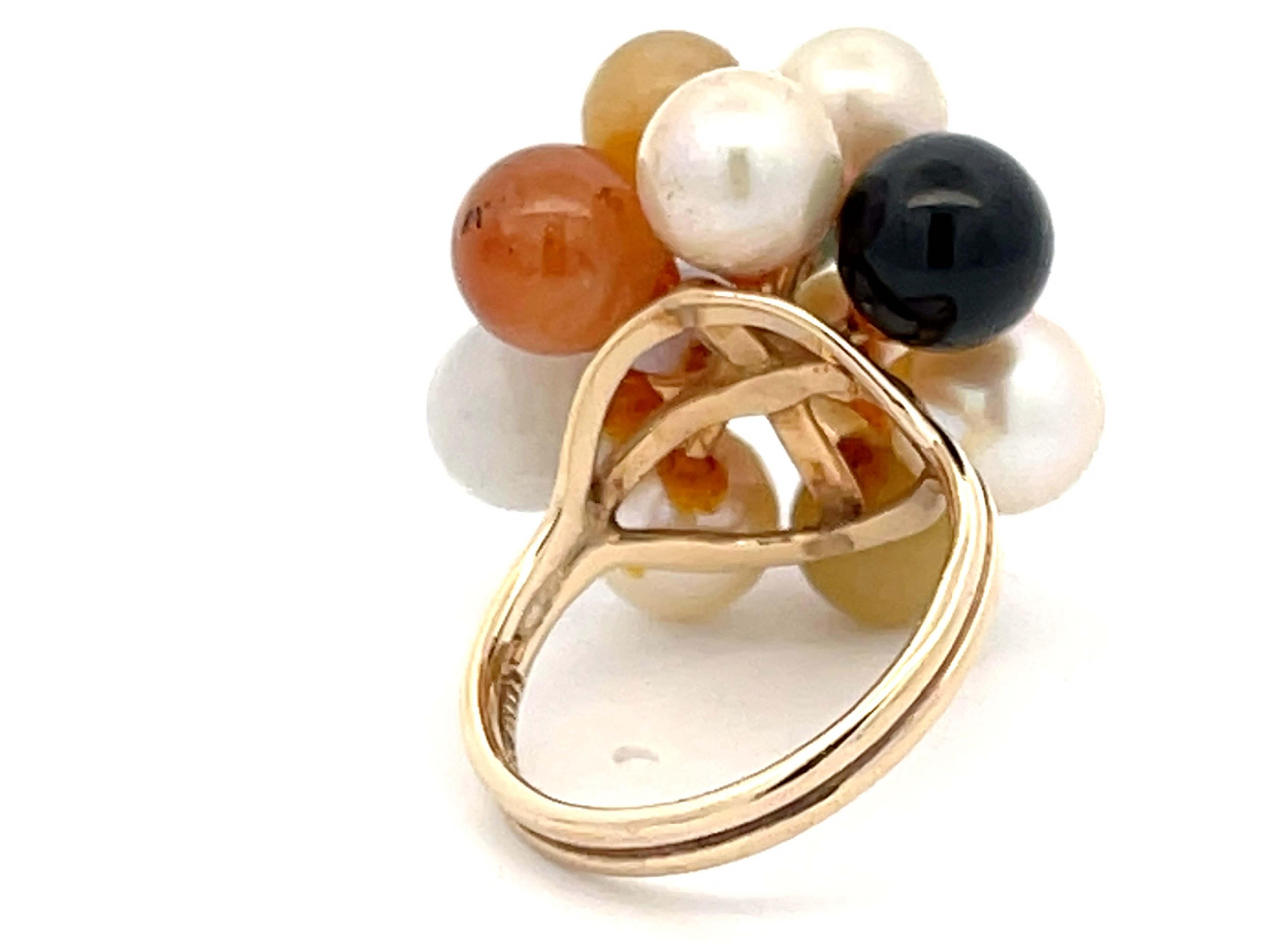 Mings Multi Colored Jade and Pearl Cluster Ring in 14k Yellow Gold In Excellent Condition In Honolulu, HI