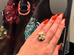 Mings Multicolored Jade and Akoya Pearl Cluster Ring 14k Yellow Gold