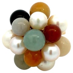 Mings Multicolored Jade and Akoya Pearl Cluster Ring 14k Yellow Gold