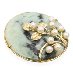 Ming's of Honolulu 14k Yellow Gold Green Jadeite and Pearl Brooch