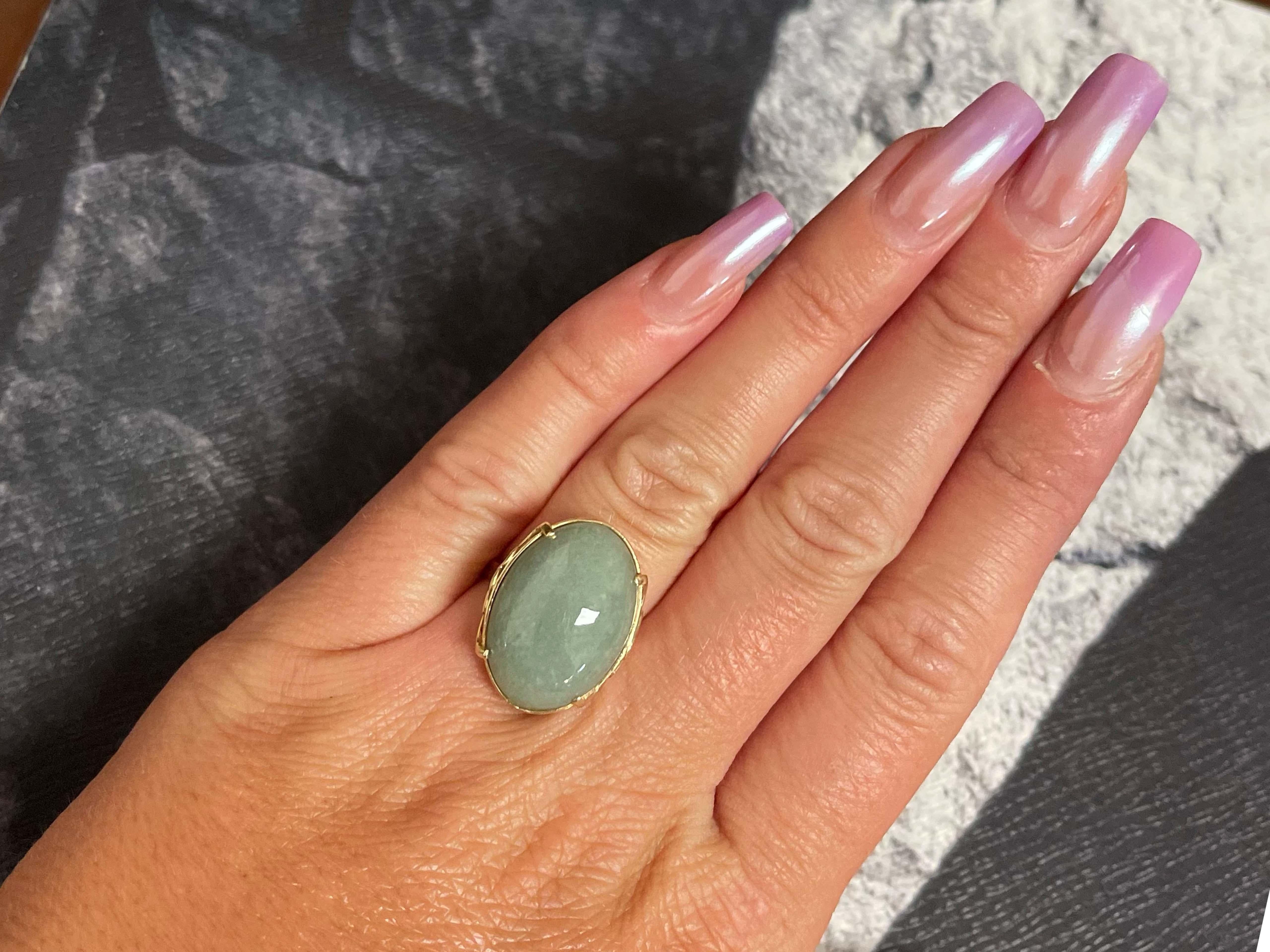 Ring Specifications:

Designer: Ming's

Stone: Jade
​
​Jade Measurements: 21.5 mm x 15.3 mm x 6.2 mm

Metal: 14k Yellow Gold

Total Weight: 6.6 Grams

Ring Size: 6 (resizable) please message us for resizing BEFORE purchasing

Stamped: 