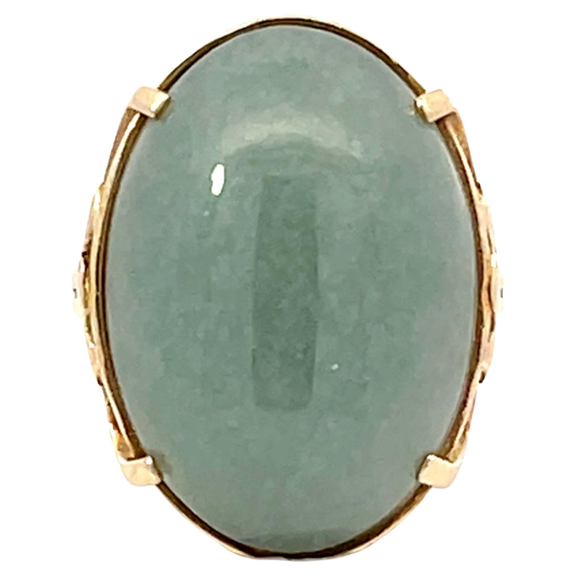 Mings Oval Cabochon Green Jade Ring 14k Yellow Gold For Sale