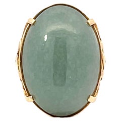 Vintage Mings Oval Cabochon Green Jade Ring 14k Yellow Gold