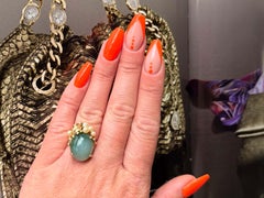 Mings Oval Cabochon Mottled Jade and Akoya Pearl Leaf Ring 14k Yellow Gold