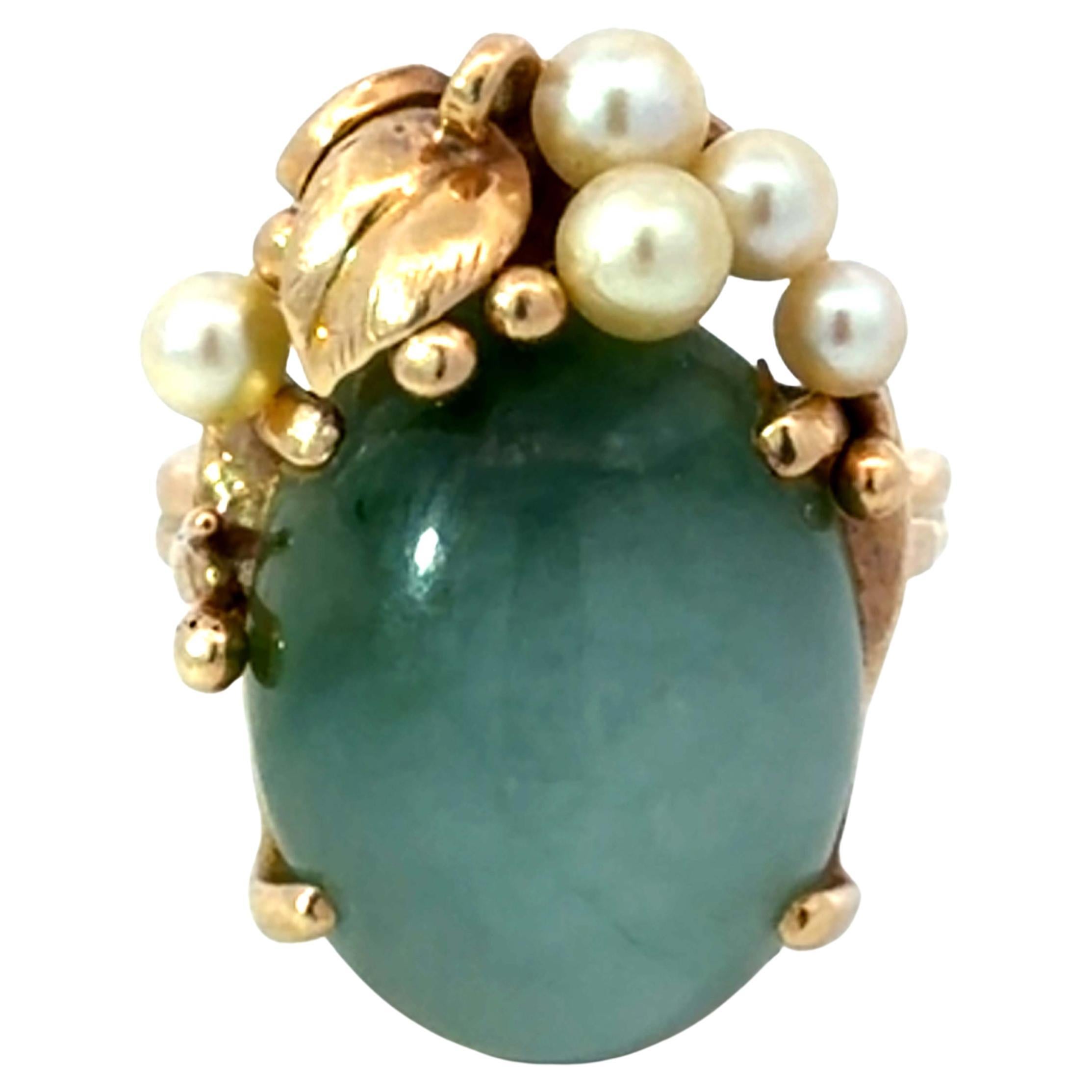 Mings Oval Cabochon Mottled Jade und Akoya Perle Blatt Ring 14k Gelbgold