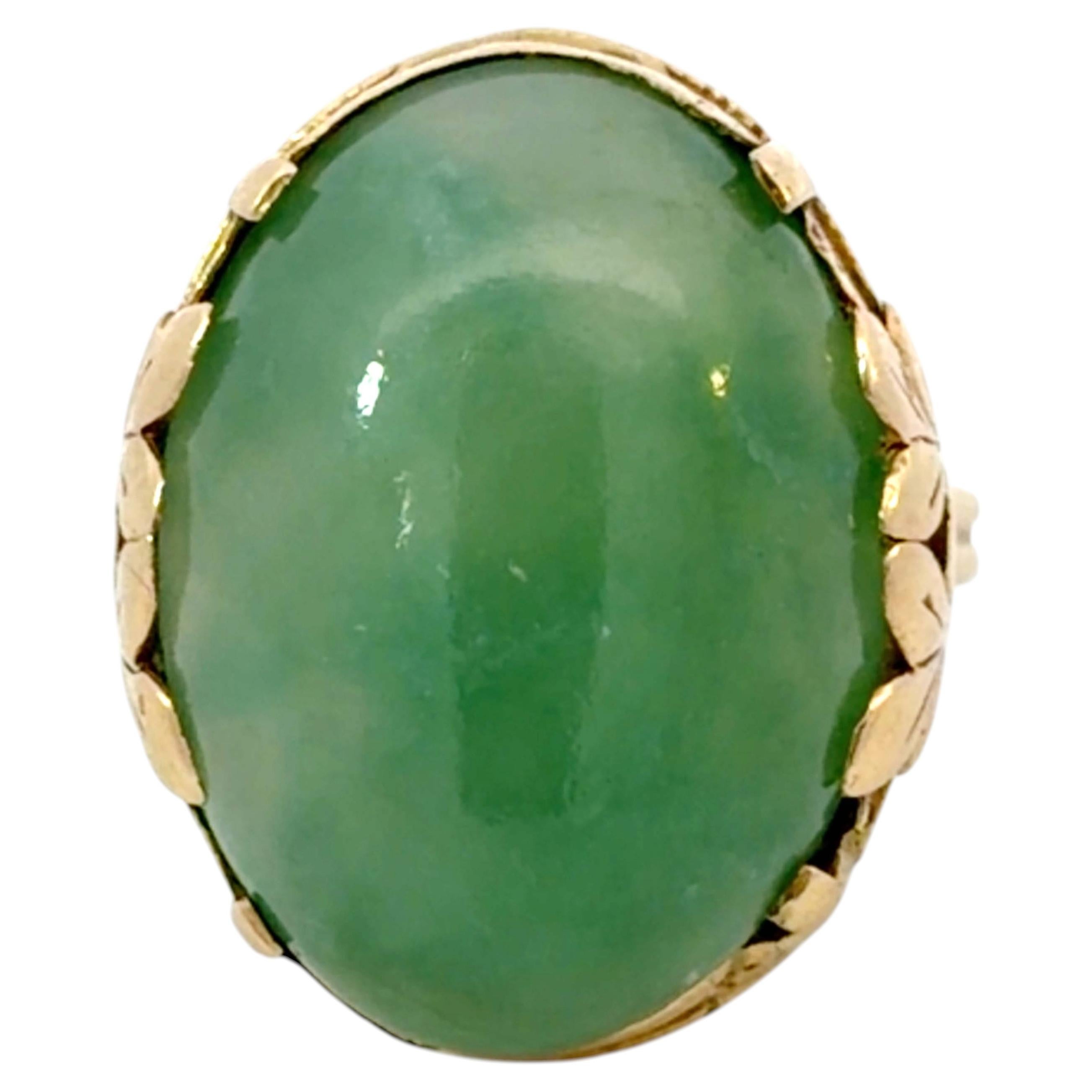 Mings Oval Green Jade Cabochon Ring 14k Yellow Gold For Sale
