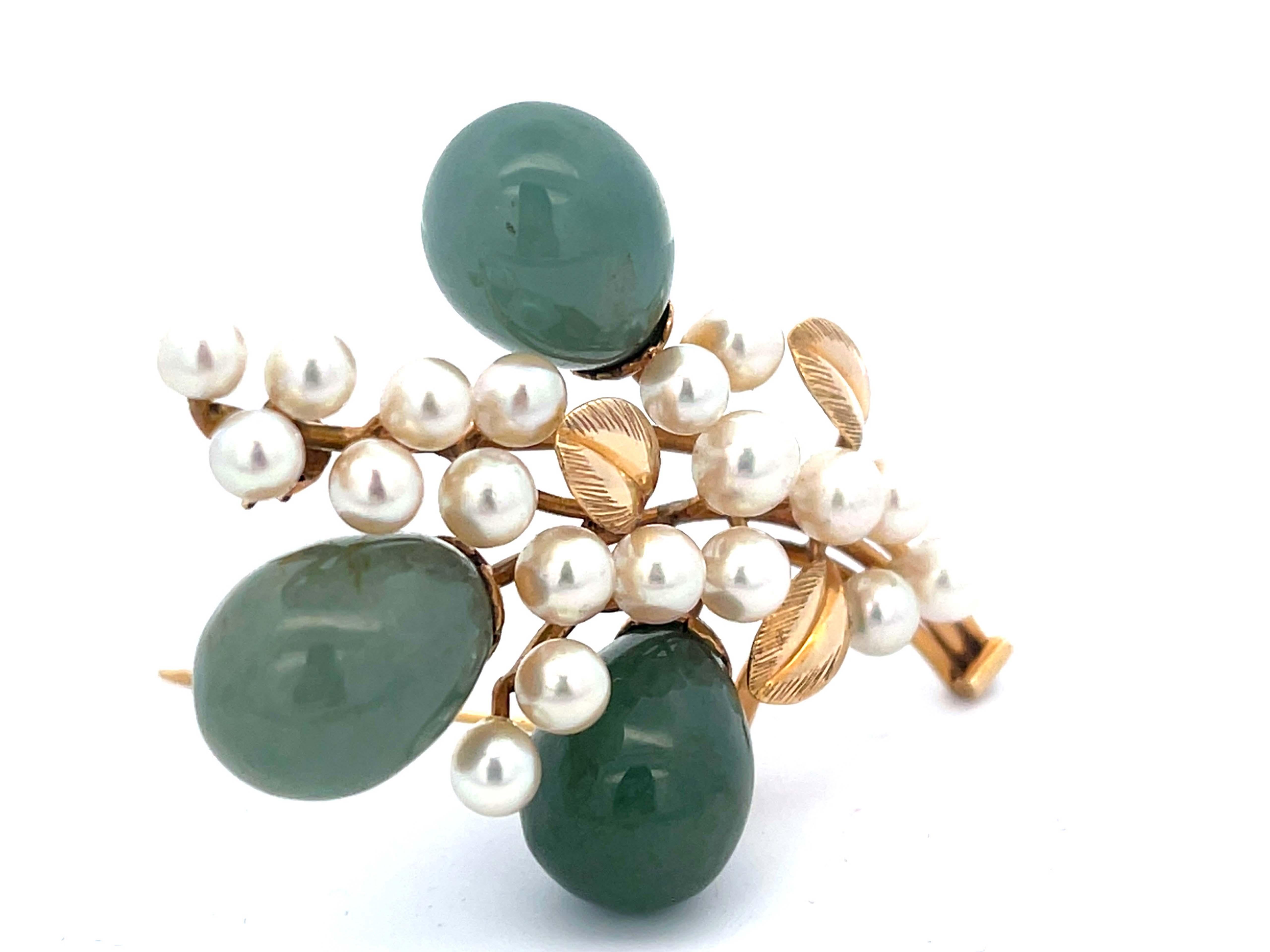 Modern Mings Oval Jade Droplets Leaf and Pearl Brooch in 14k Yellow Gold For Sale