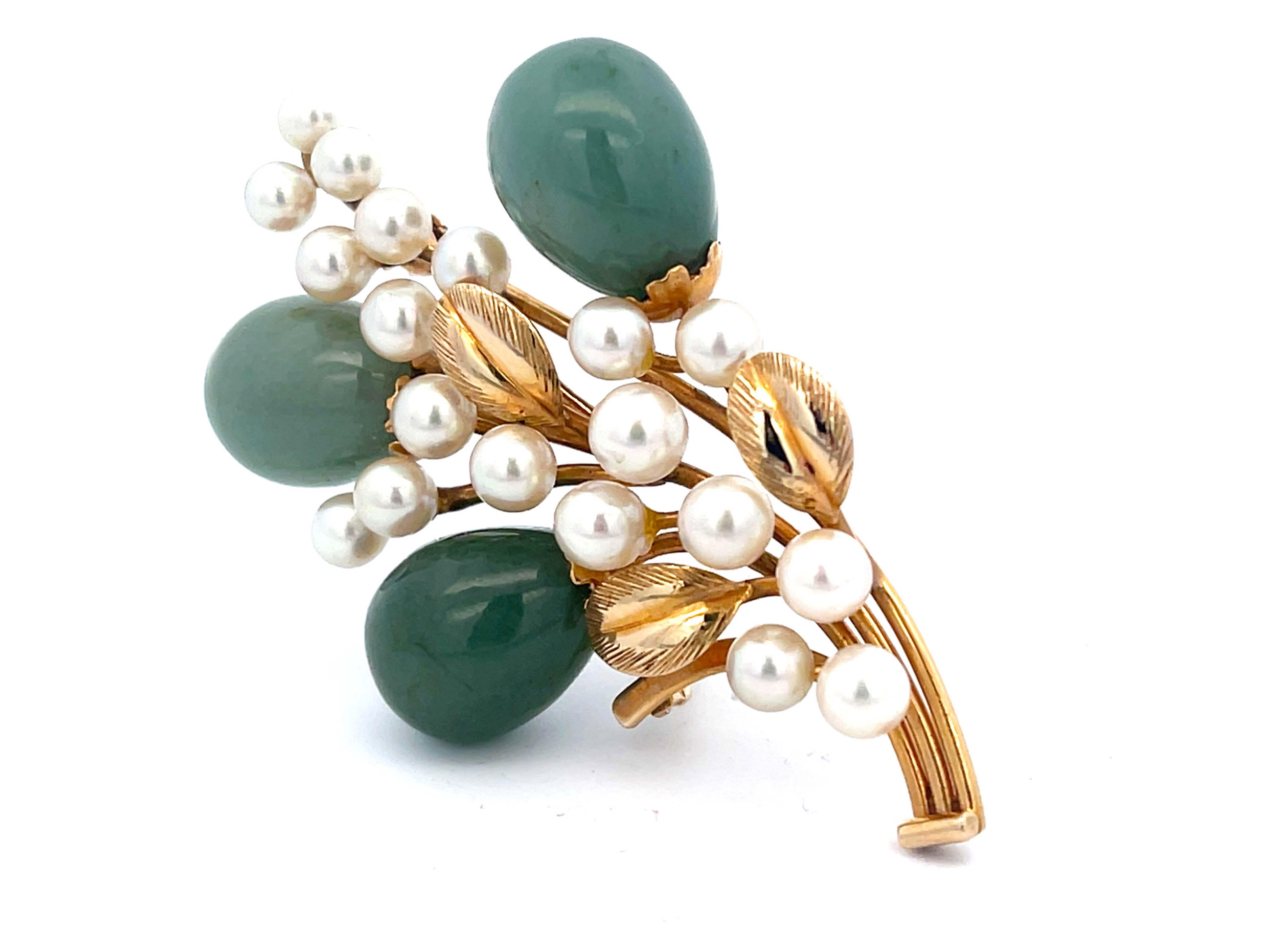 Round Cut Mings Oval Jade Droplets Leaf and Pearl Brooch in 14k Yellow Gold For Sale