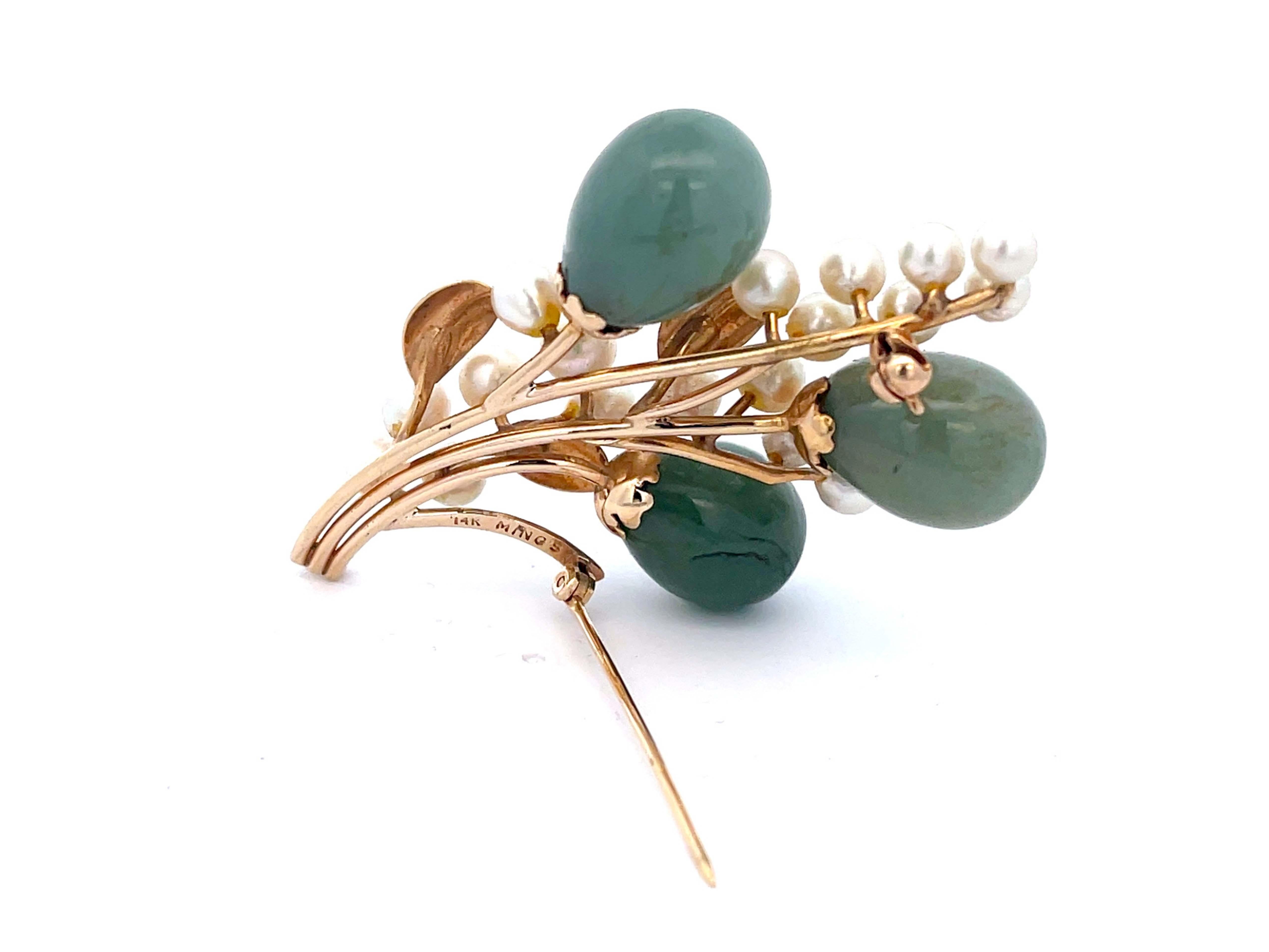 Mings Oval Jade Droplets Leaf and Pearl Brooch in 14k Yellow Gold For Sale 1