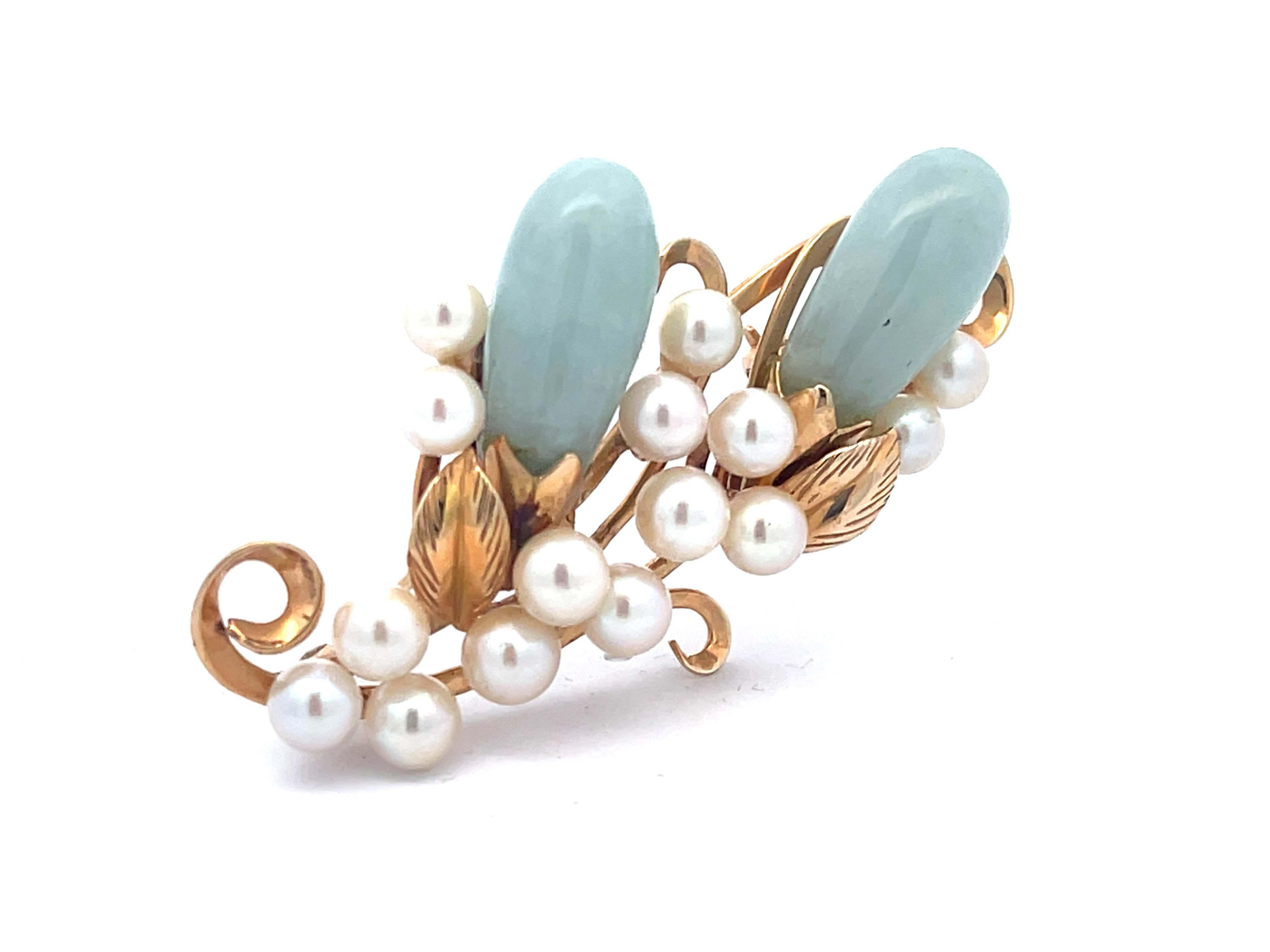 Modern Mings Oval Jade Leaf and Pearl Brooch in 14k Yellow Gold For Sale