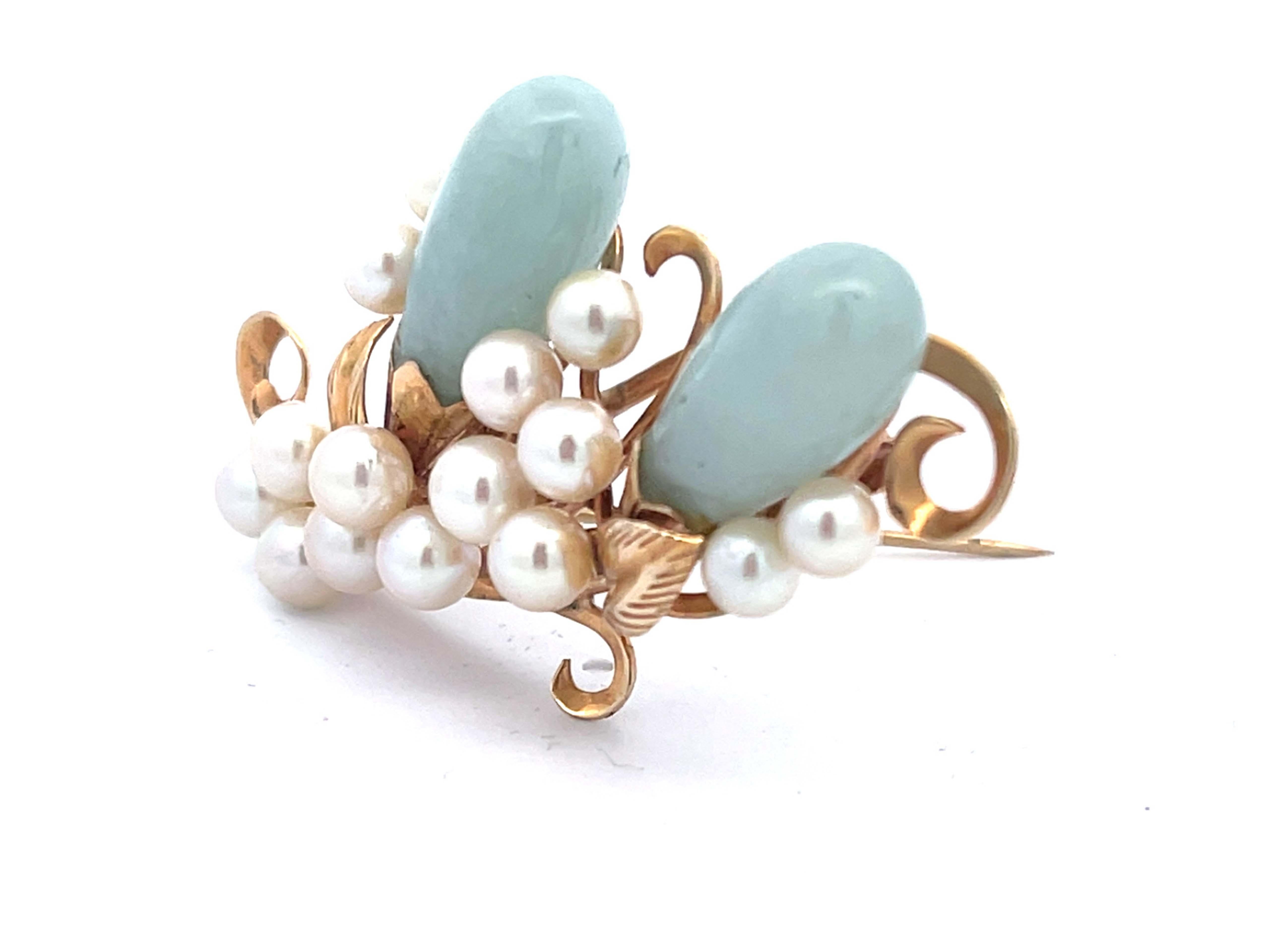 Round Cut Mings Oval Jade Leaf and Pearl Brooch in 14k Yellow Gold For Sale