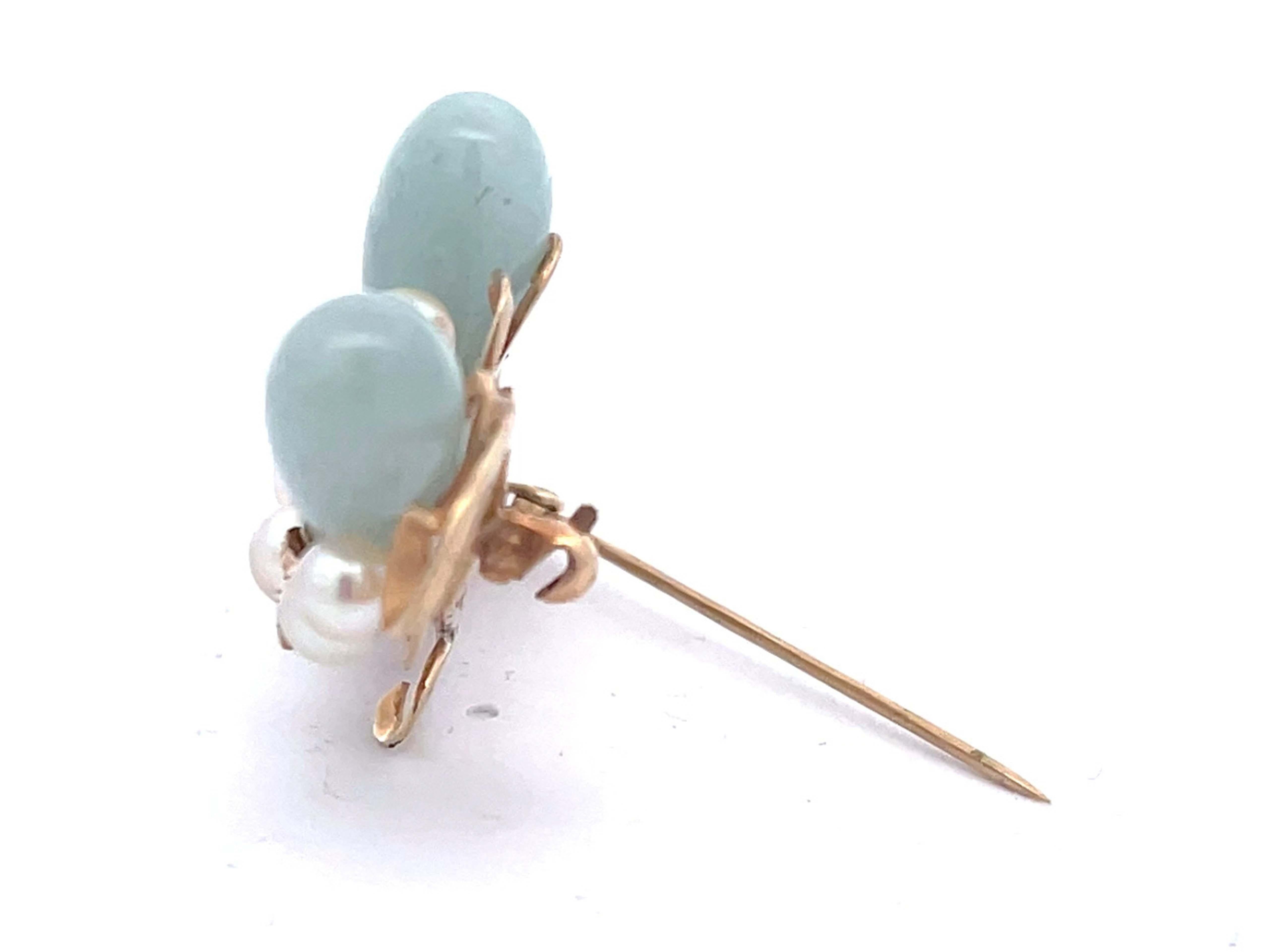 Women's Mings Oval Jade Leaf and Pearl Brooch in 14k Yellow Gold For Sale