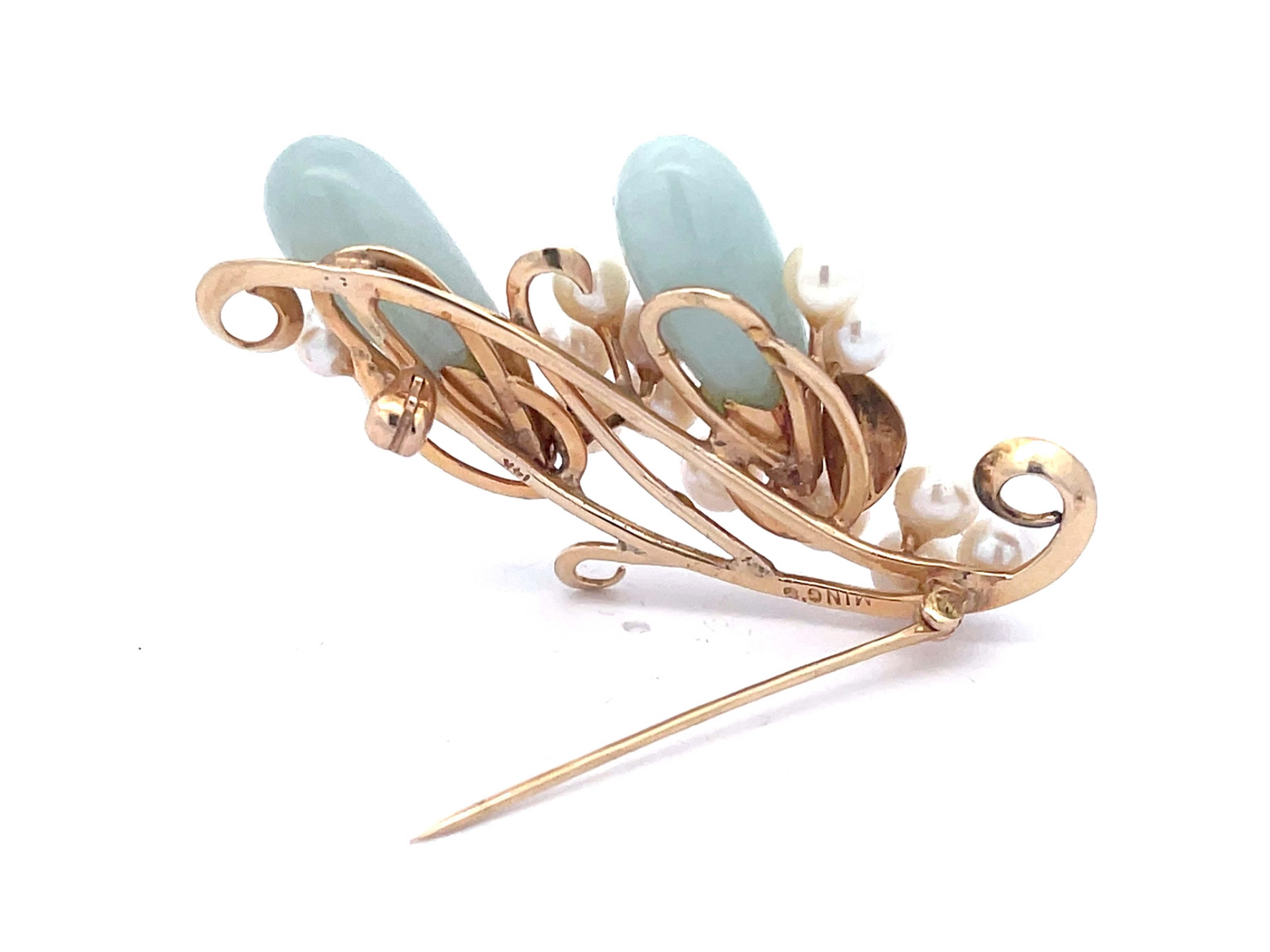 Mings Oval Jade Leaf and Pearl Brooch in 14k Yellow Gold For Sale 1