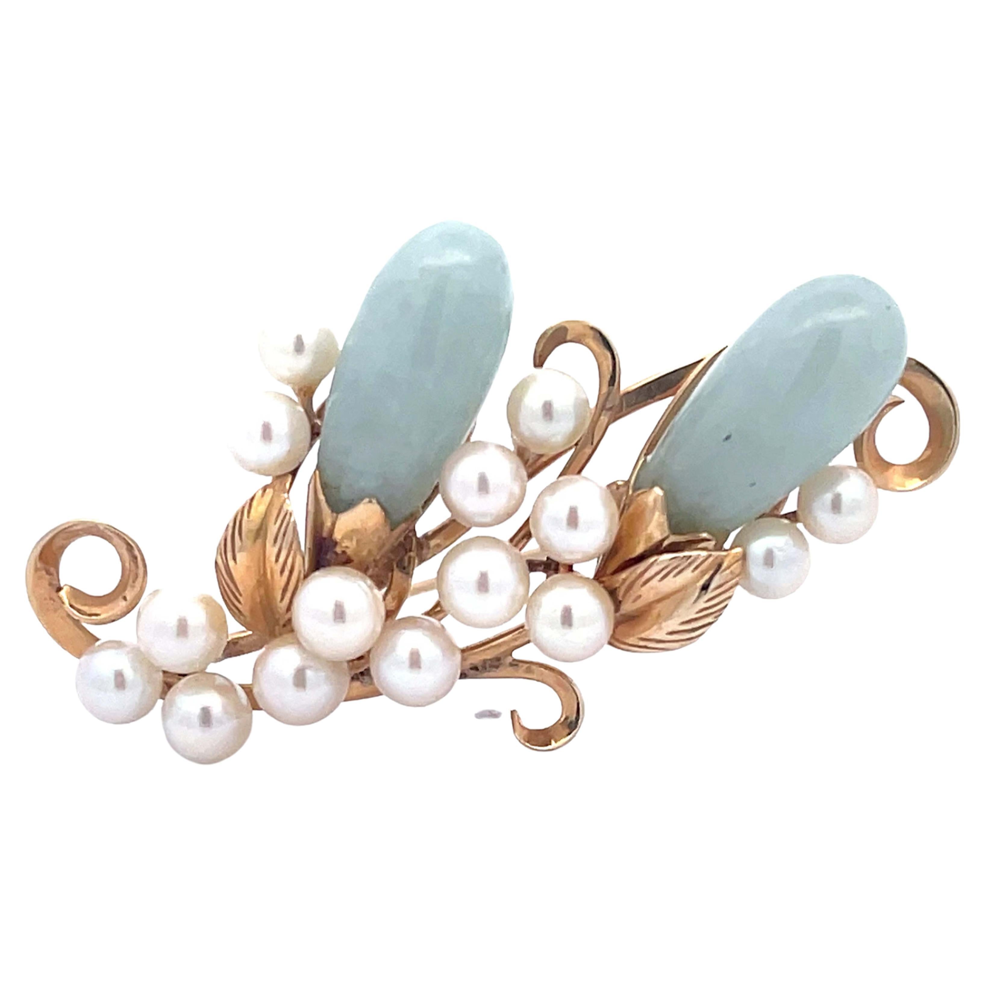Mings Oval Jade Leaf and Pearl Brooch in 14k Yellow Gold For Sale