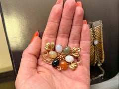 Mings Oval Multi Color Cabochon Jade Flower Brooch 14k Yellow Gold