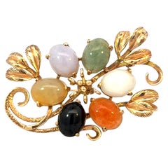 Mings Oval Multi Color Cabochon Jade Flower Brooch 14k Yellow Gold