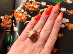 Mings Oval White and Red Orange Bicolor Cabochon Jade Ring 14k Yellow Gold